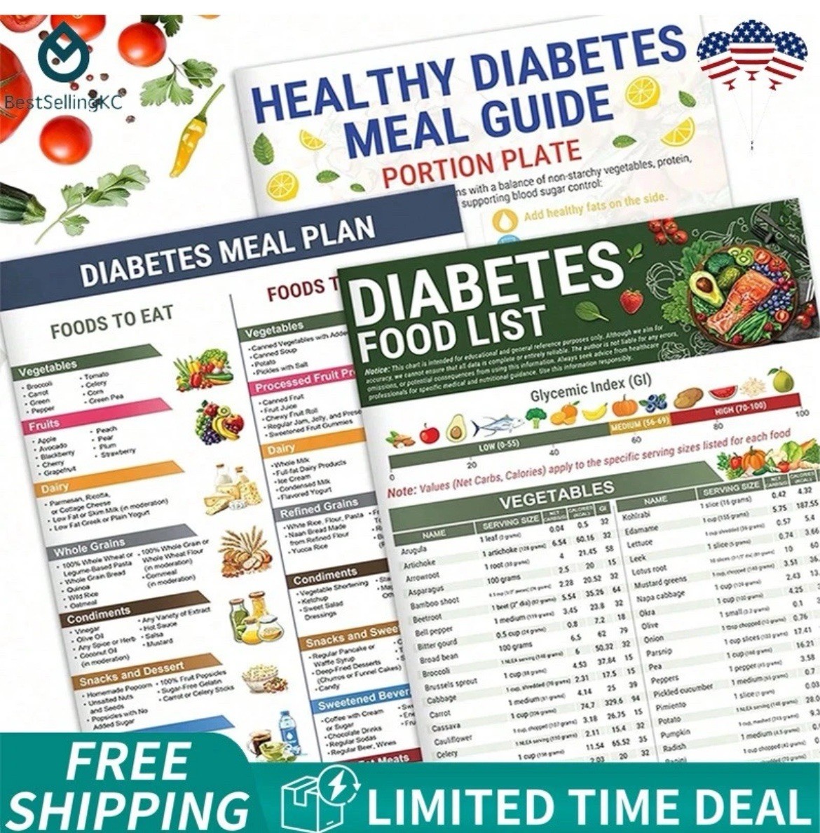 3PCS Diabetes Food List Chart and Meal Planner for Diabetics Type 3 Diabetes Die