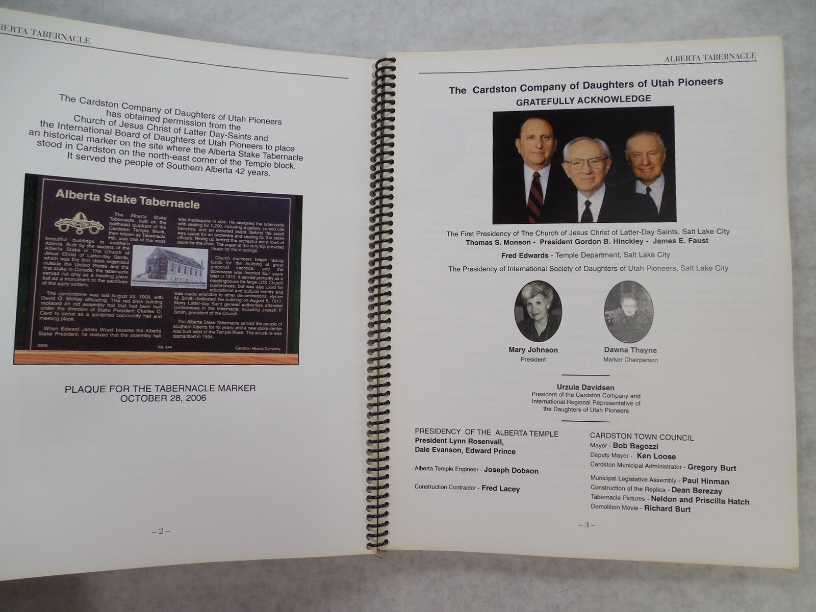 Alberta Stake Tabernacle Marker Dedication, Oct 28, 2006, History Book