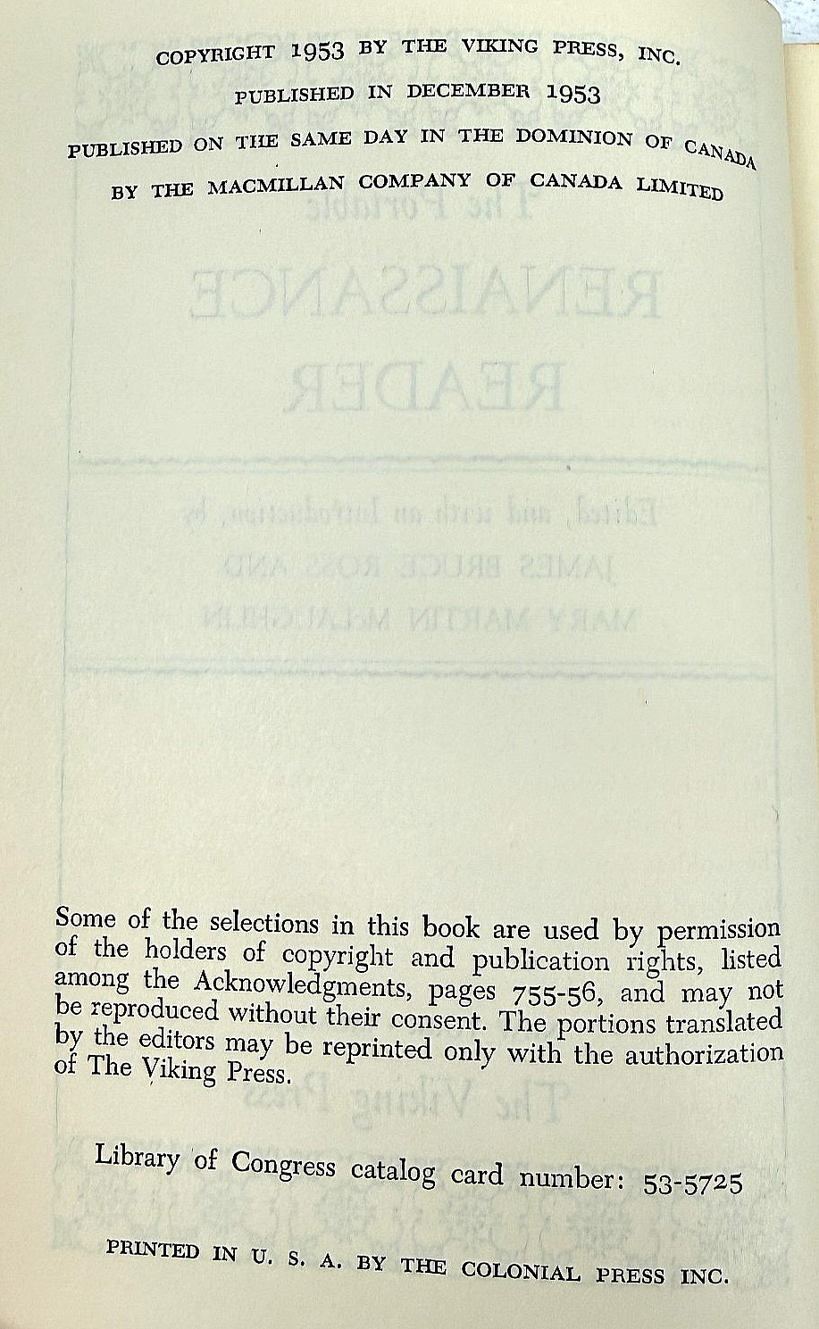 The Portable Renaissance Reader 1953 HC DJ Viking Portable Library Ross