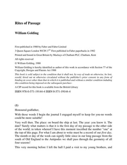 Rites of Passage Hardcover William Golding