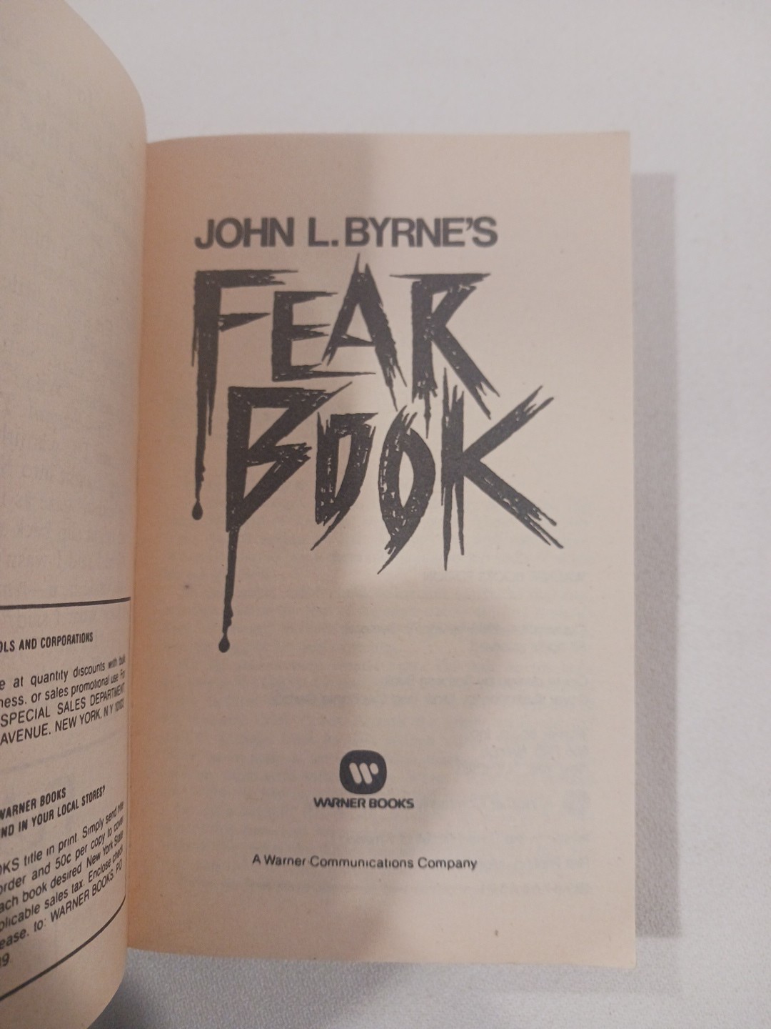 Fear Book John L Byrne 1988 Paperback First Edition 1st Printing Vintage Horror