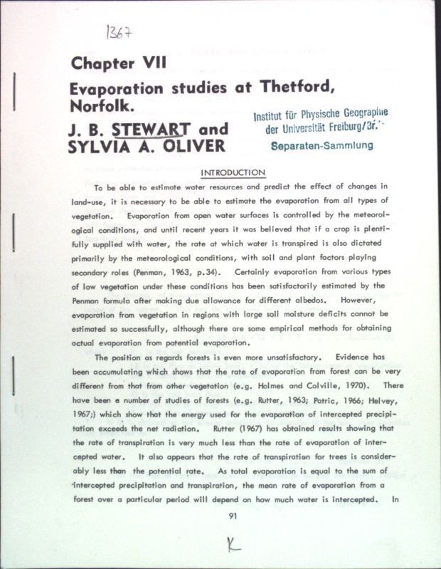 Evaporatioin studies at Thetford, Norfolk. Sonderdruck aus: keine Angabe; Stewar