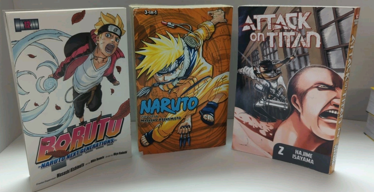 Lot of 3 Anime Books: Boruto #12 Naruto 3-in-1 #4, 5 & 6 Attack On Titan #2