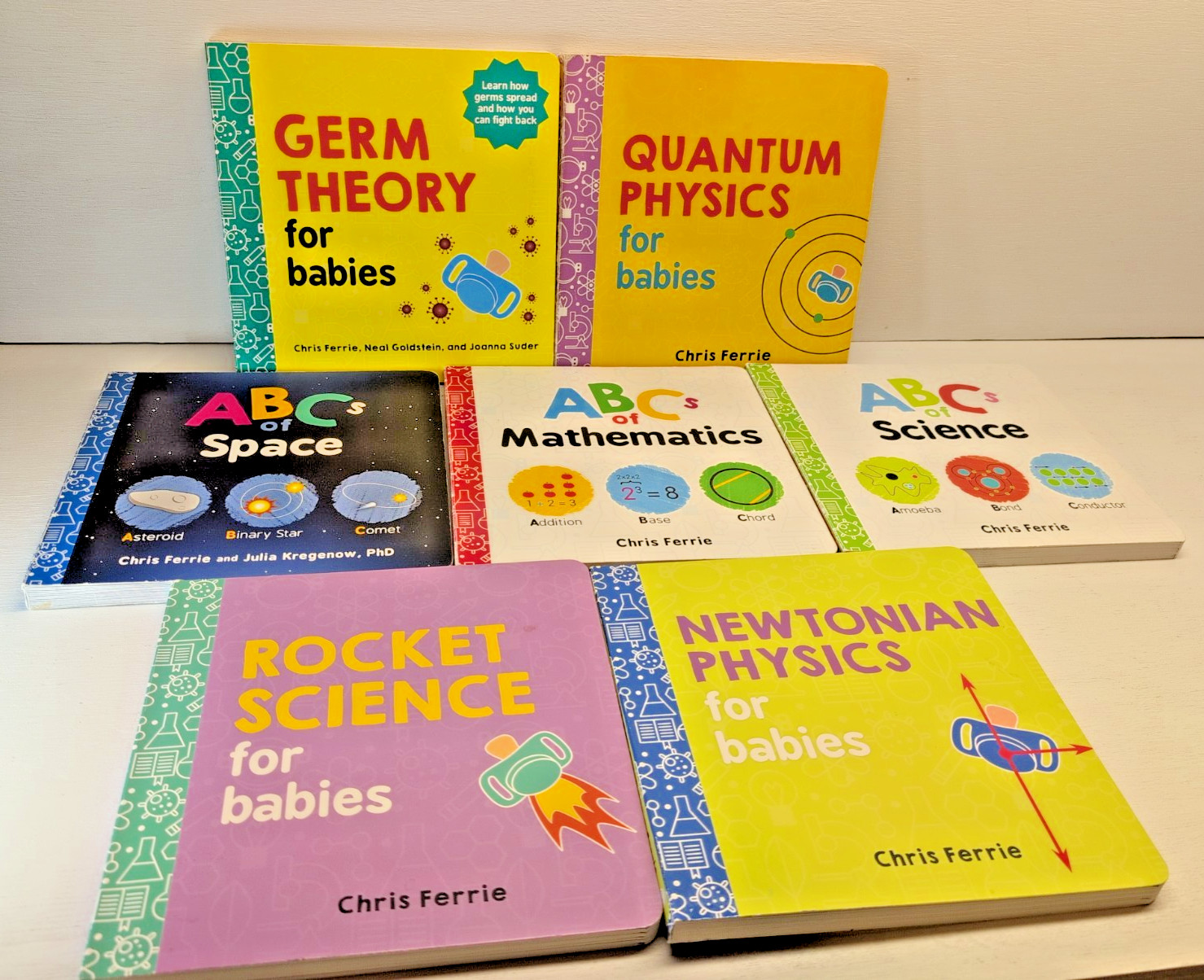 LOT OF 7 CHRIS FERRIE SCIENCE PHYSICS FOR BABIES & ABCs OF MATH SPACE BOARD BOOK