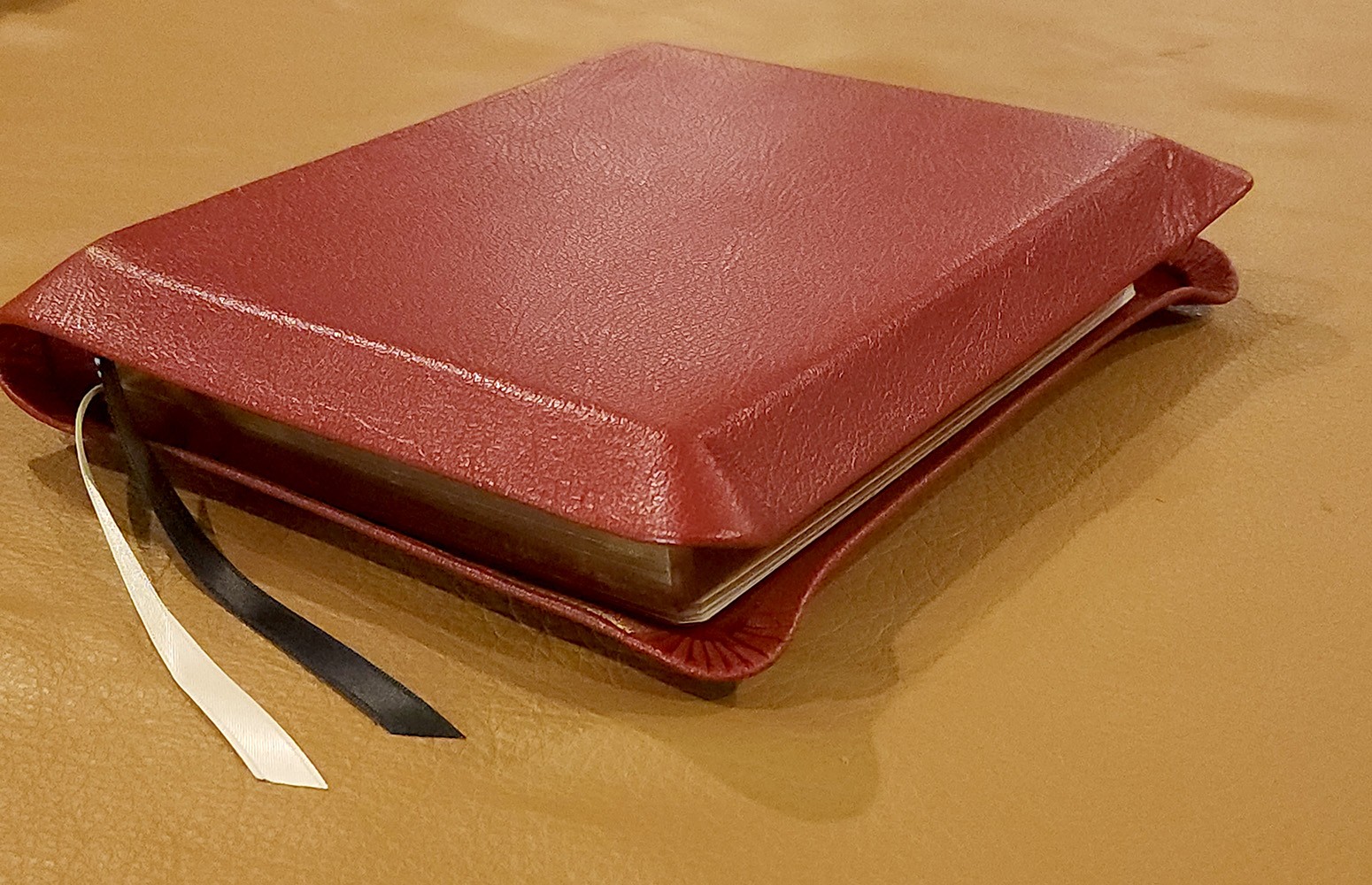 Interleaved Bible, Dark Red Pebbled Goatskin Leather, Dark Red Liner, 2 Ribbons