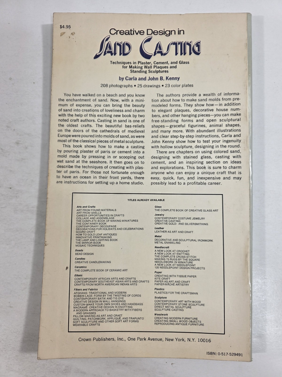 Creative Design in Sand Casting John B. Kenney Carla Kenney 1978 Plaster casting
