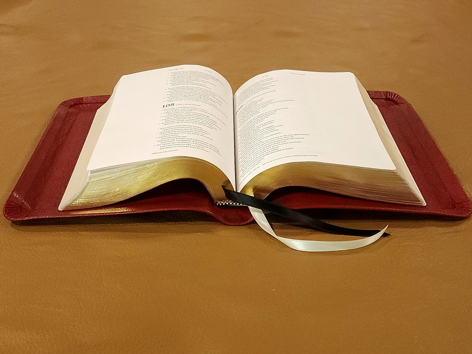 Interleaved Bible, Dark Red Pebbled Goatskin Leather, Dark Red Liner, 2 Ribbons