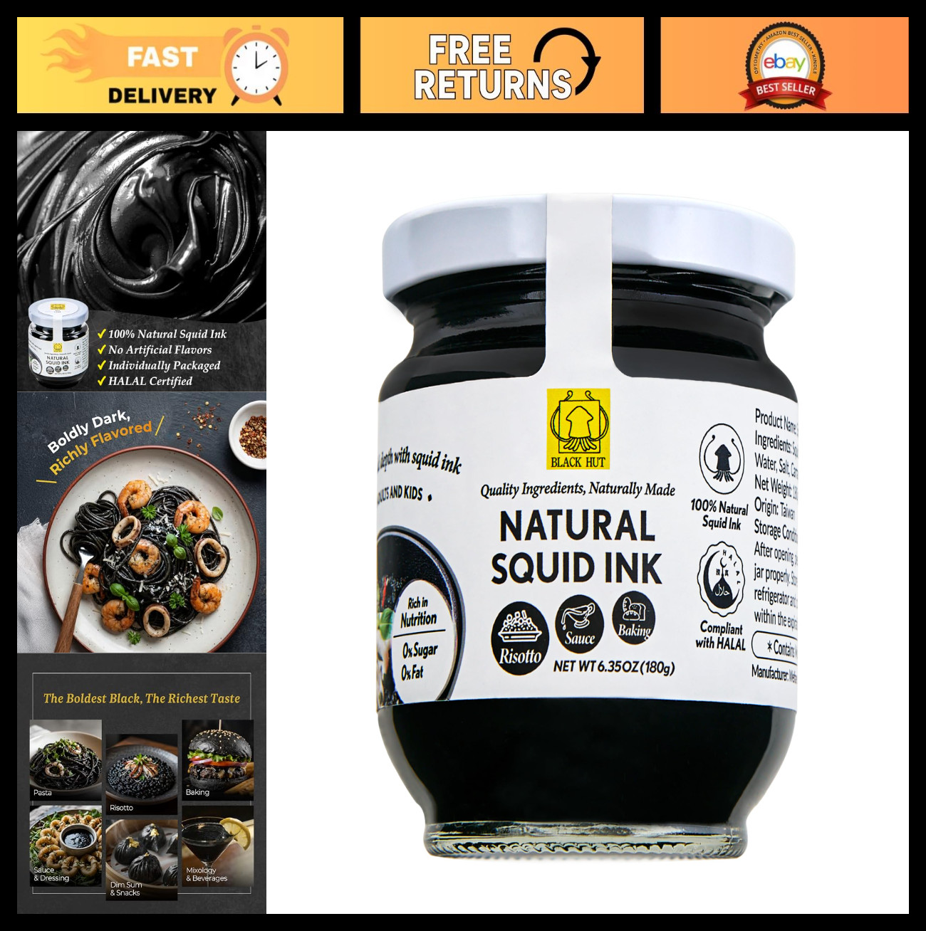 6.4oz Squid Ink for Cooking, Pasta, Rice Noodles, Pizza & Risotto – Halal Certif