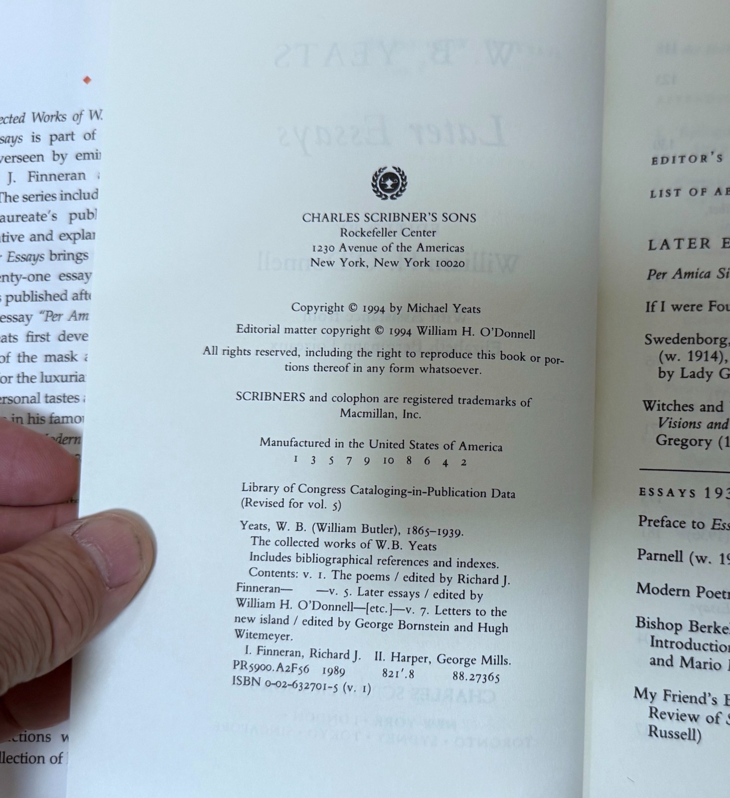 THE COLLECTED WORKS OF W. B. YEATS – VOLUME V LATER ESSAYS – 1994 HARDCOVER