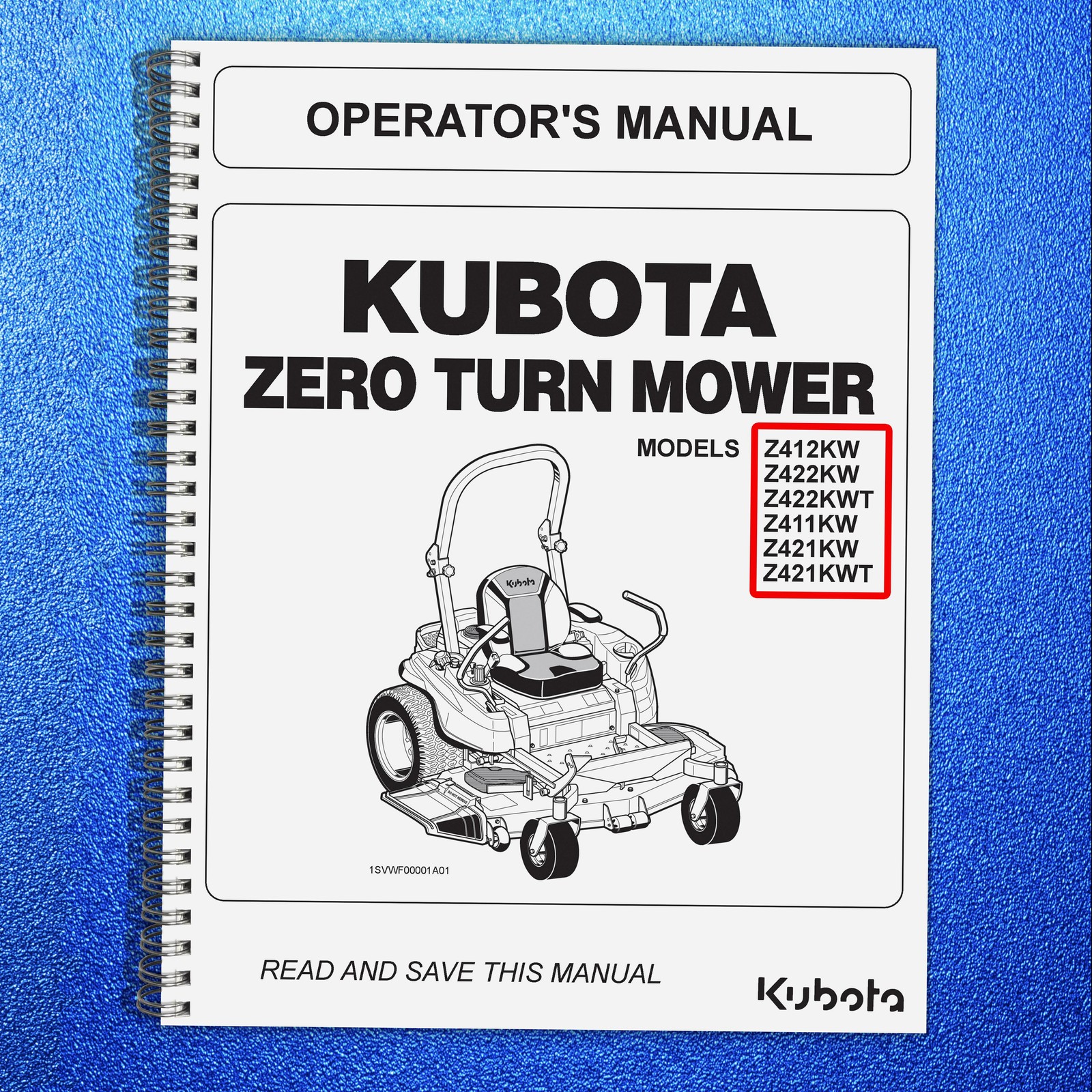 KUBOTA Z412KW Z422 Z421 ZERO TURN MOWER OPERATORS MANUAL – COIL BOUND, COVERS