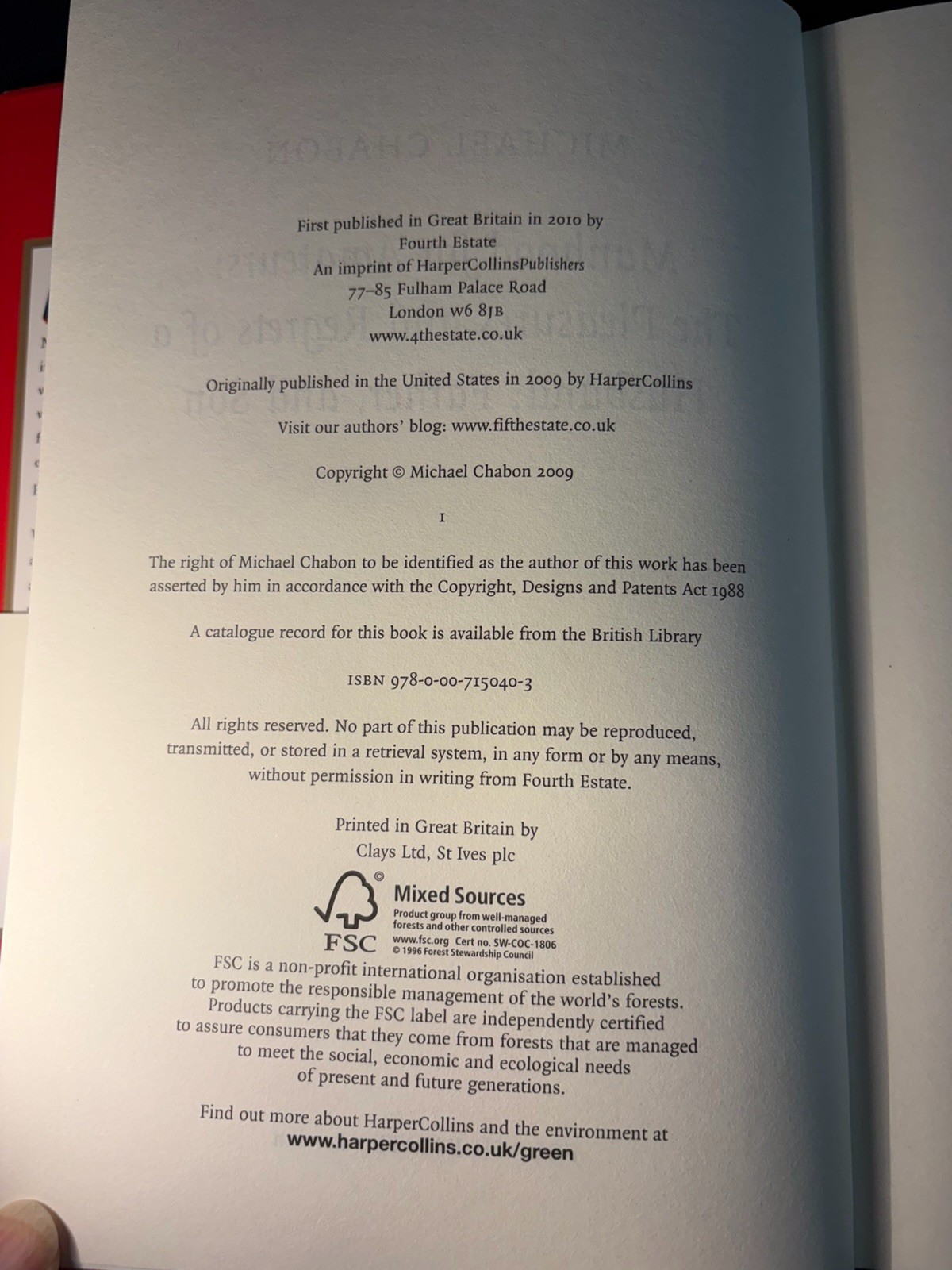 Michael Chabon “Manhood For Amateurs” Signed UK Edition Fourth Estate