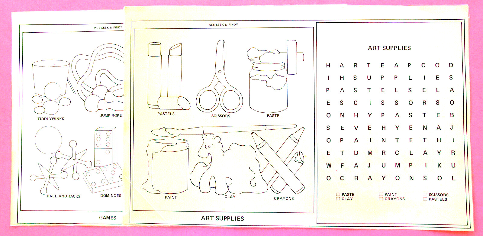 WORD SEARCH KIDS—24 WIPE-OFF LARGE—17 x 11 IN.—ANIMALS, FOOD, TOYS—LAMINATED