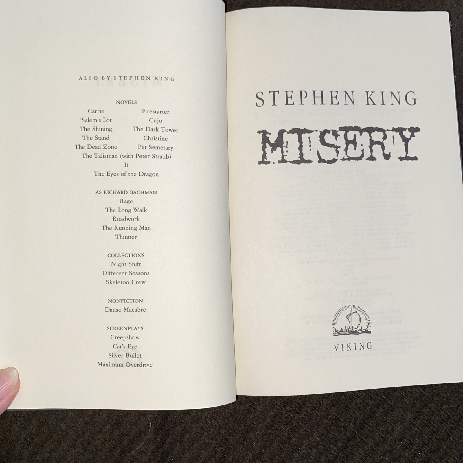 Misery Stephen King- 1987 HCDJ VG Gutter Code RD12V- Viking Penguin Inc