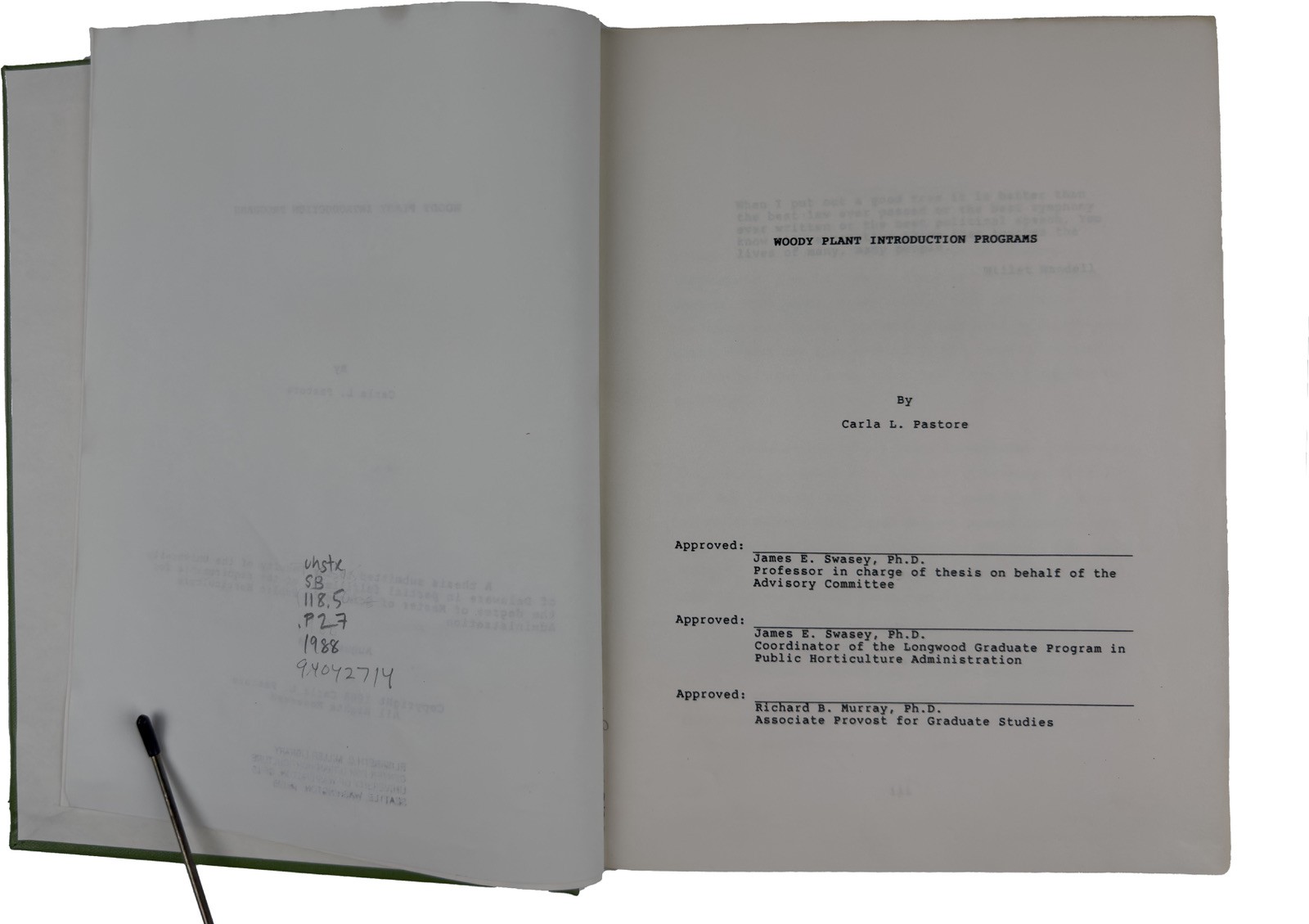 Woody Plant Introduction Programs (1988) Carla L. Pastore Hardcover Thesis