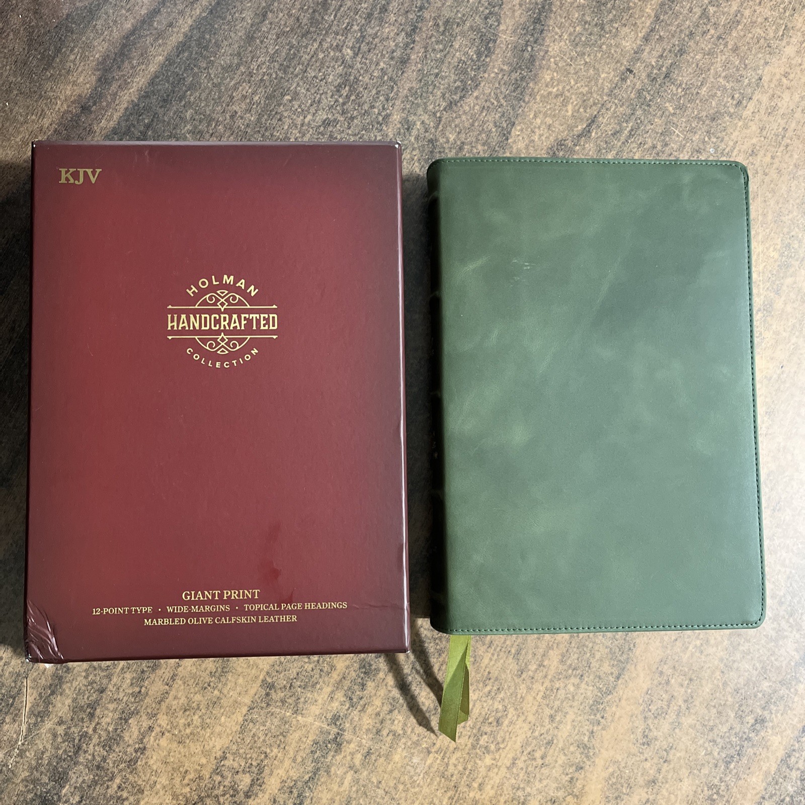 KJV Giant Print Bible – $169.99 – Olive Calfskin Leather, Wide Margin