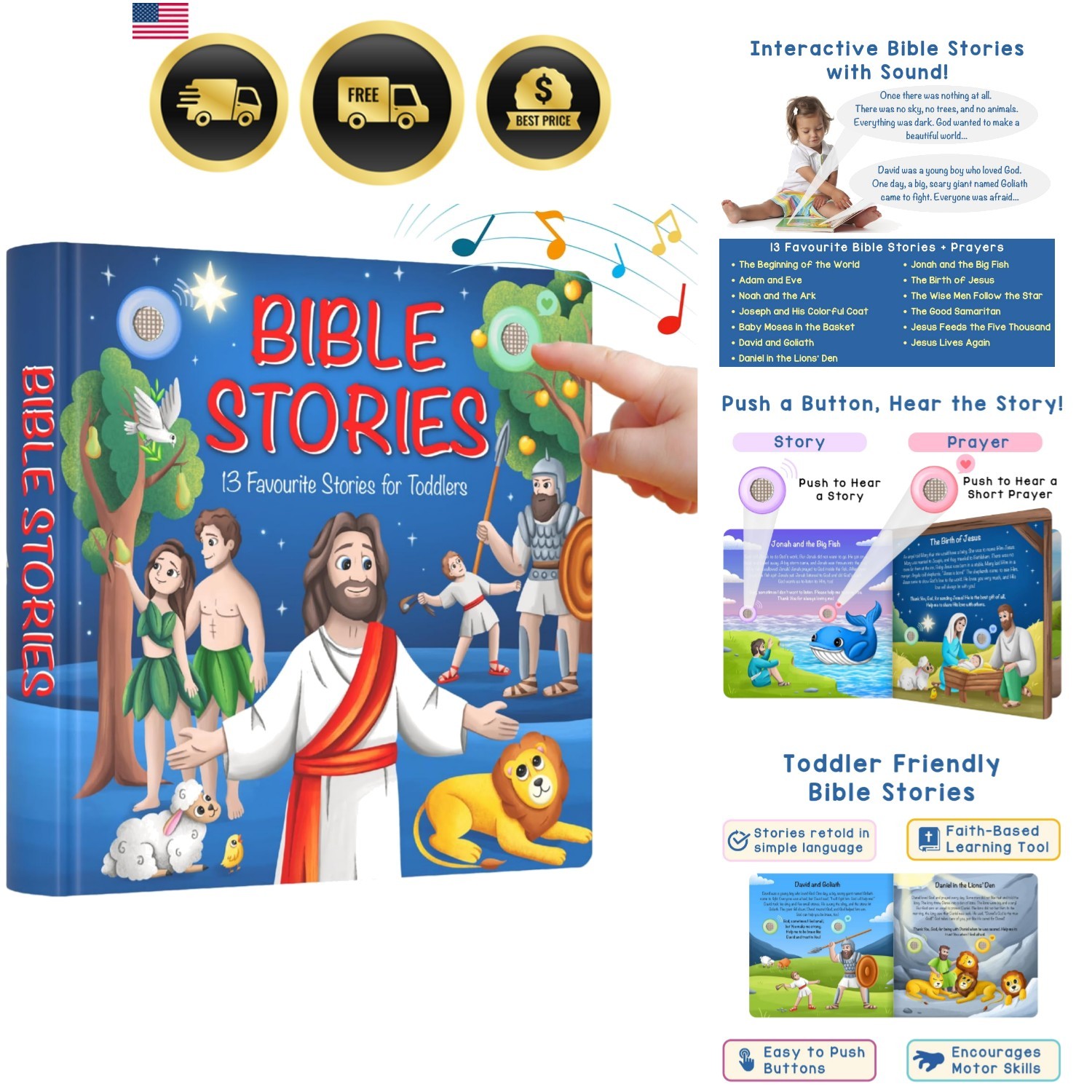 Christian Bible Stories Book for Toddlers 13 Stories and Prayers Musical Toy