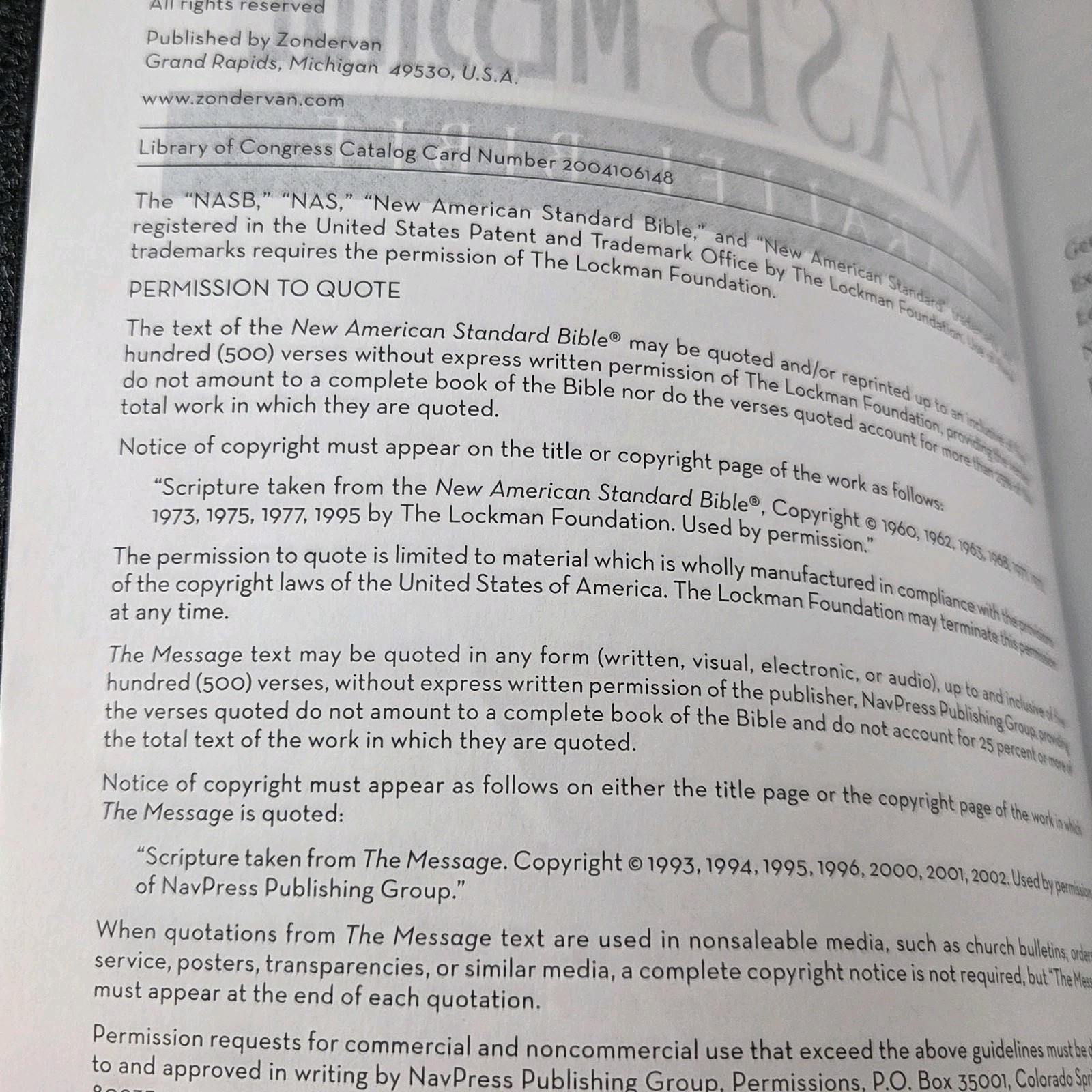 NASB / The Message Parallel Bible by Zondervan Staff 2004, Black Bonded Leather
