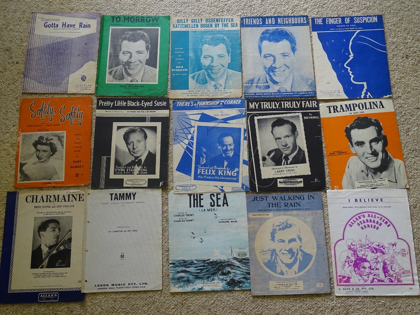 15 SINGLE Sheet Music BIG HITS of Mid-1950’s esp. UK inc MAX BYGRAVES x4, GUY M