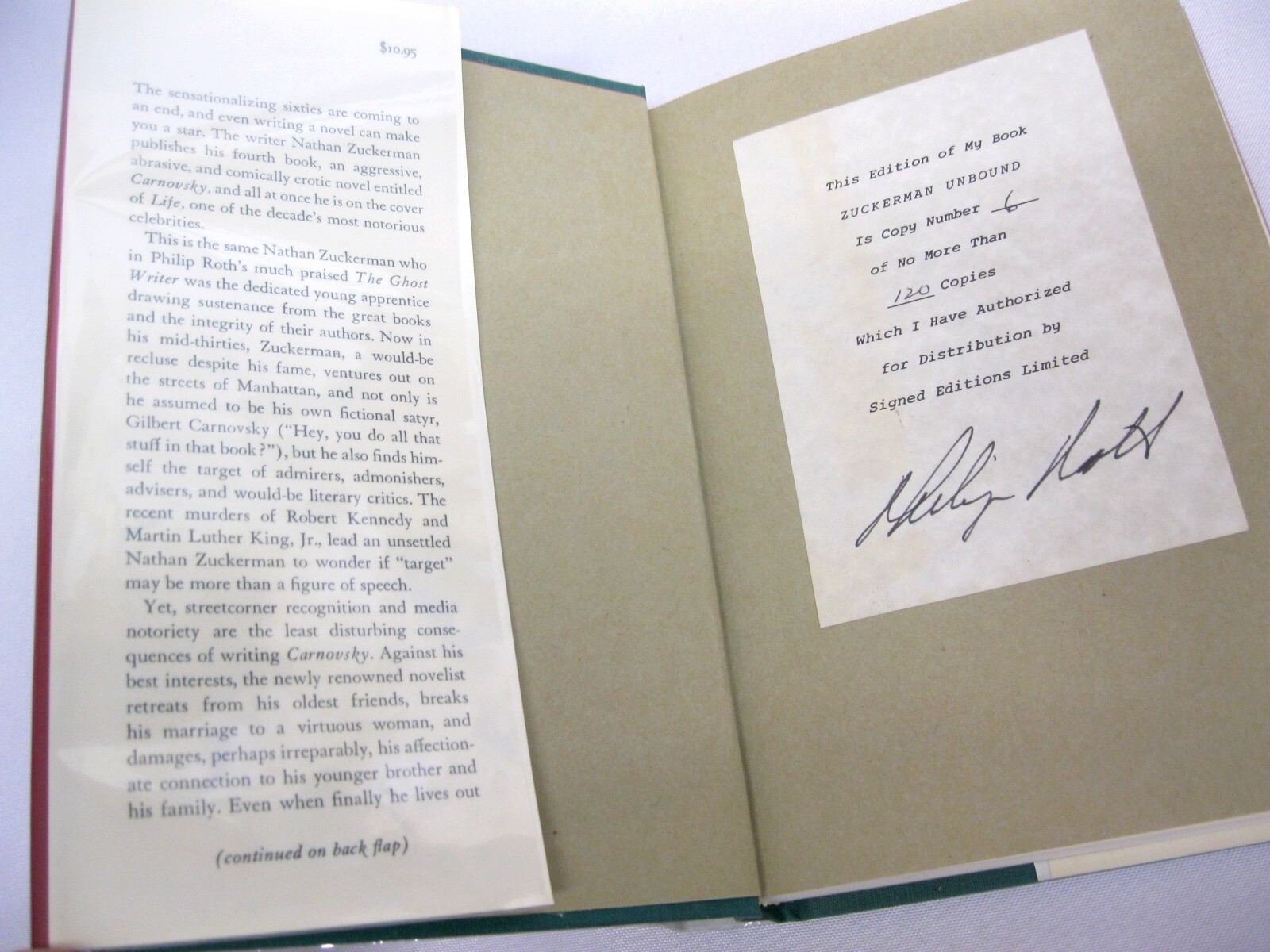 Zuckerman Unbound by Philip Roth SIGNED Limited #6 / 120 Farrar Straus 1981