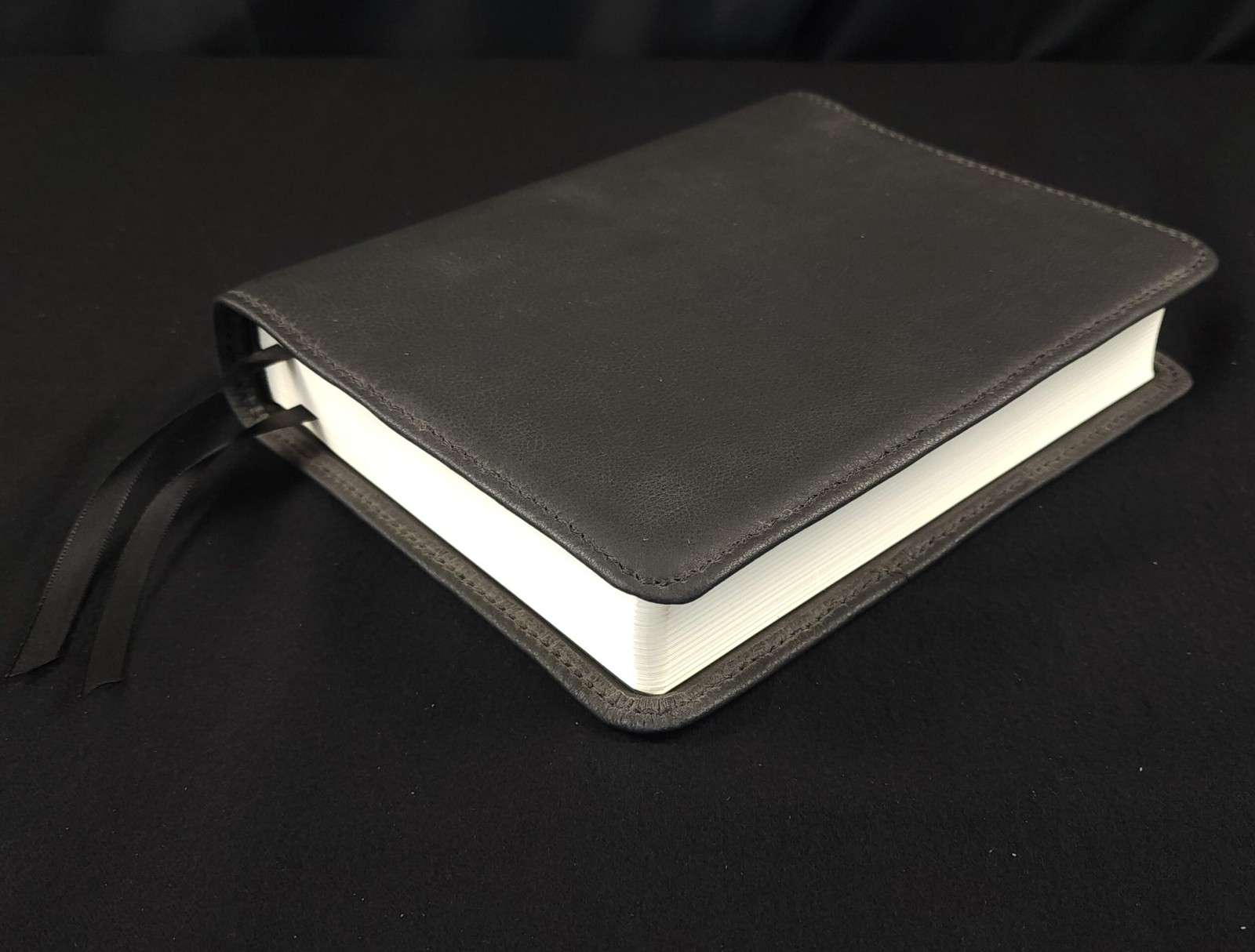 Interleaved Bible, Black Pebbled Cowhide Leather, Black Stitching, 2 Ribbons