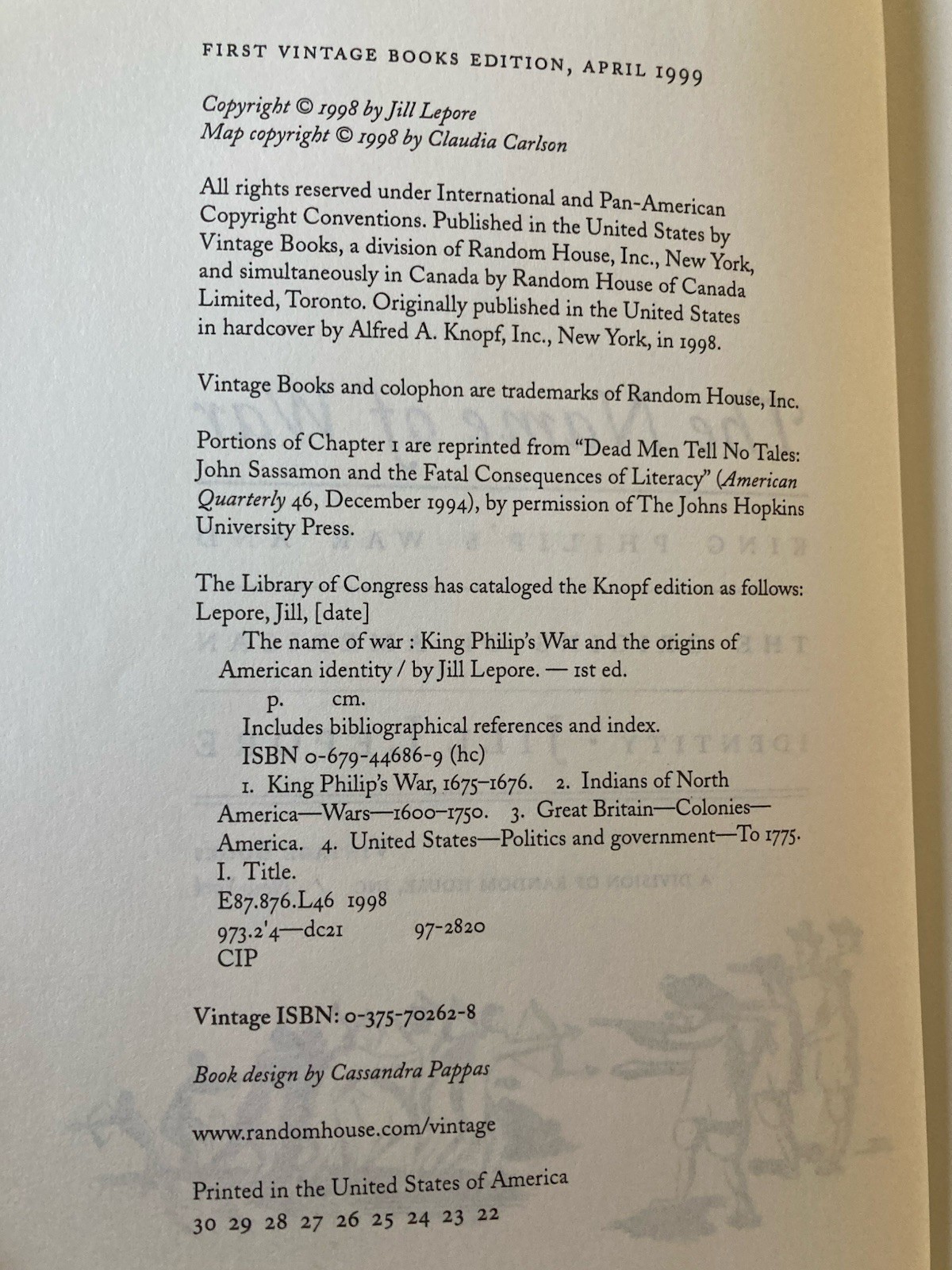 The Name of War: King Philip’s War/Origins of American Identity Jill Lepore 1999