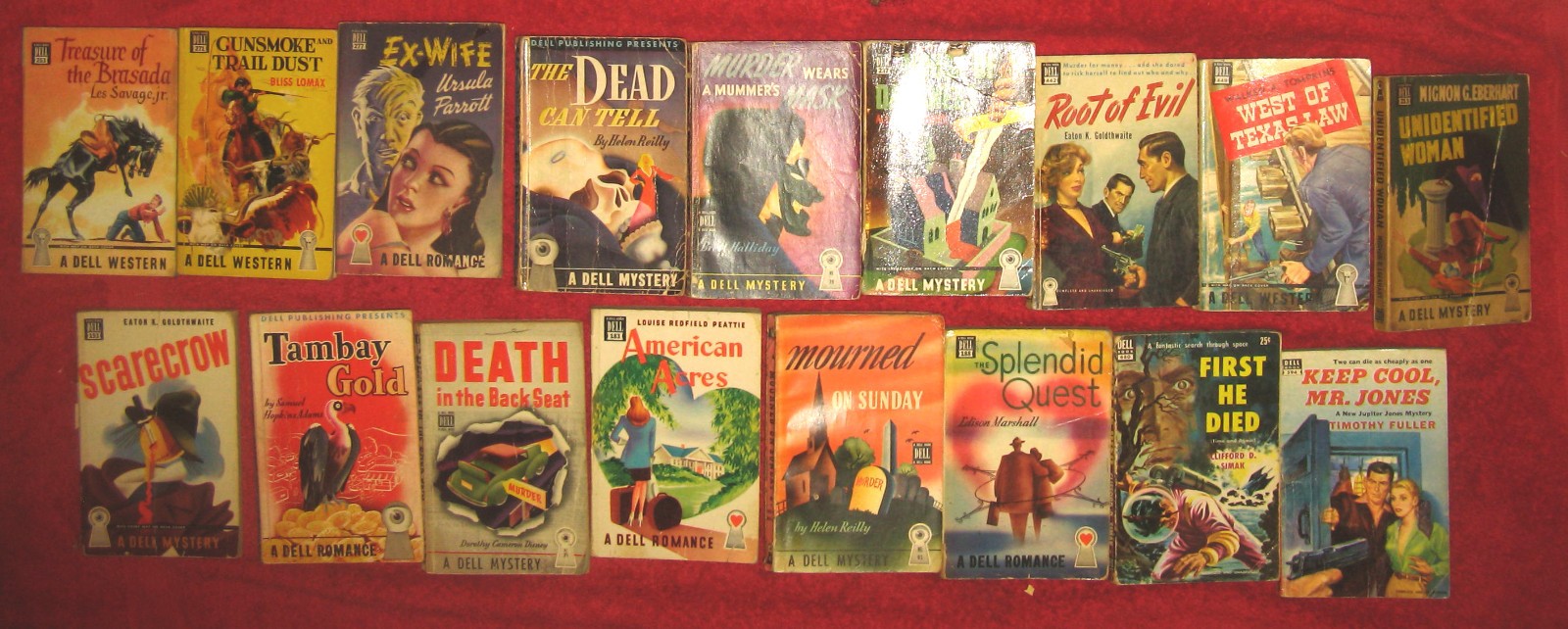 Lot of 17 vintage DELL paperbacks; VERY early © 1940s: mapbacks, art deco covers