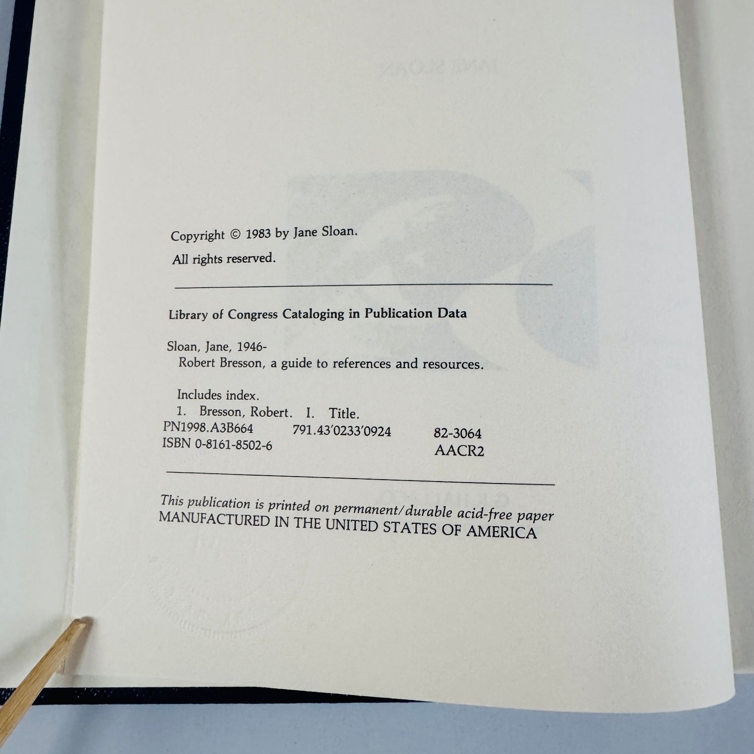 Robert Bresson A Guide to References and Resources 1983 First Edition G.K.Hall
