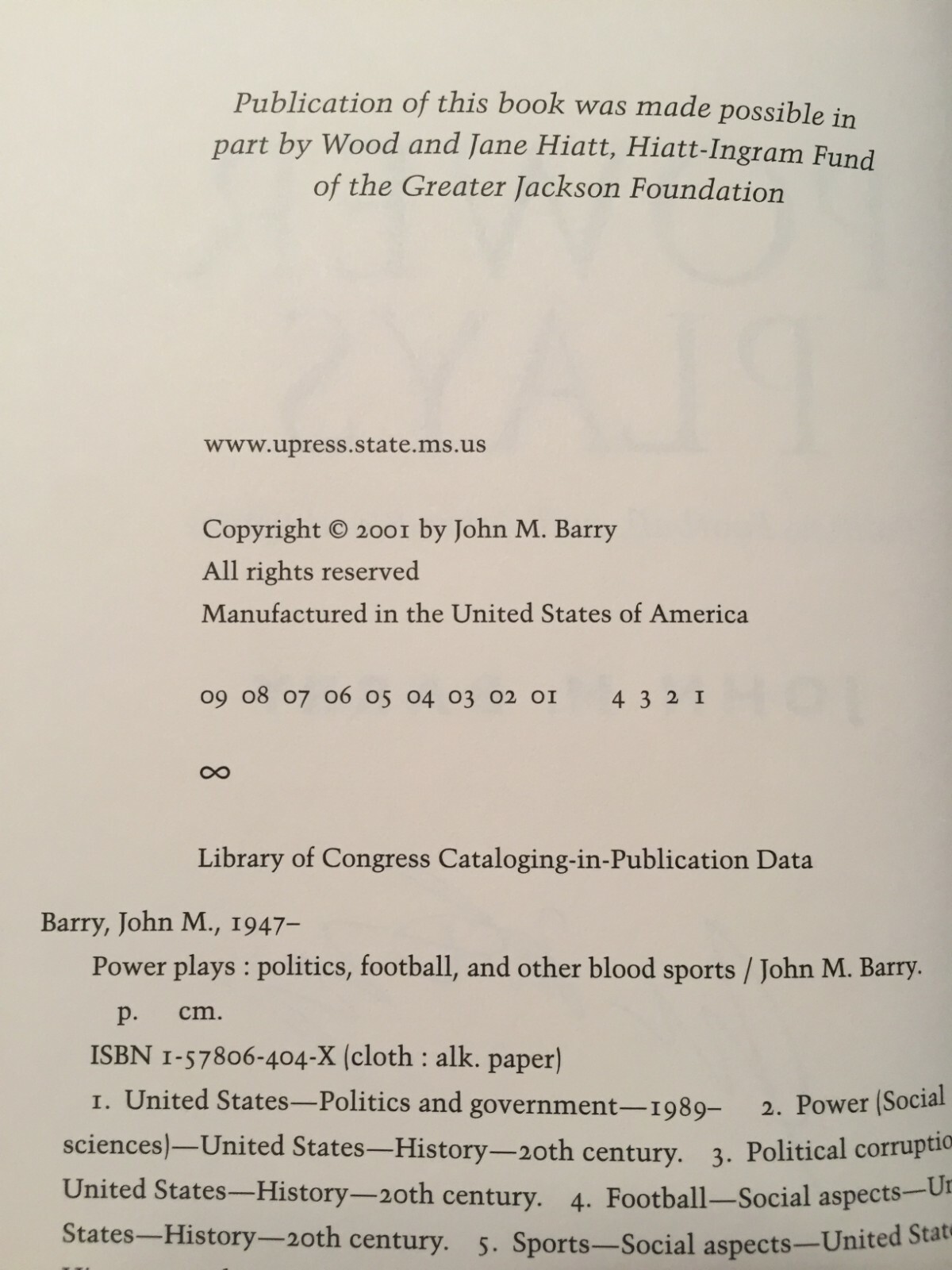 AUTOGRAPHED COPY – POWER PLAYS by John M. Barry (2001, Hardcover)