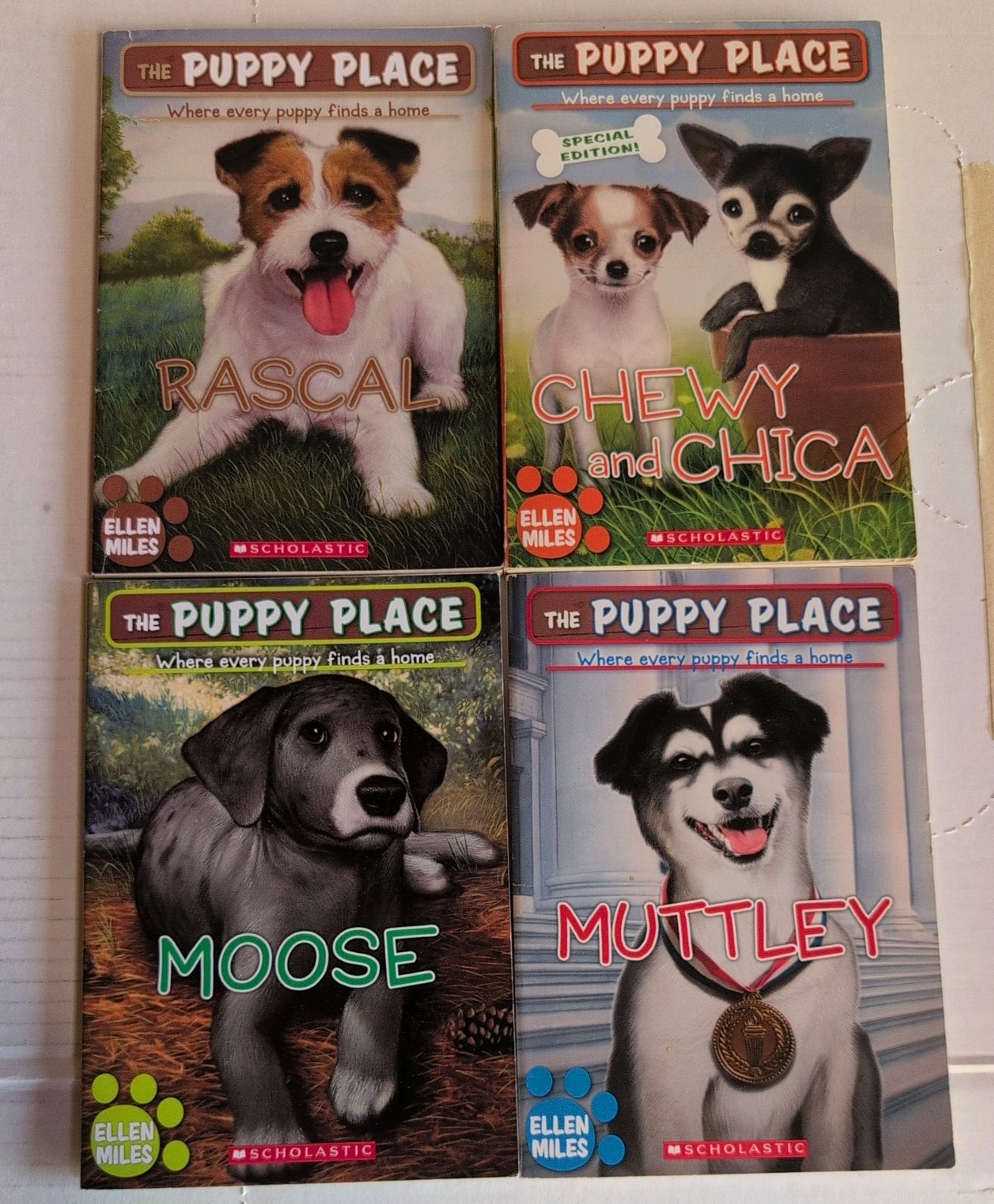 Lot of 4 THE PUPPY PLACE Books ~ Ellen Miles Chewy & Chica, Rascal, Moose & More