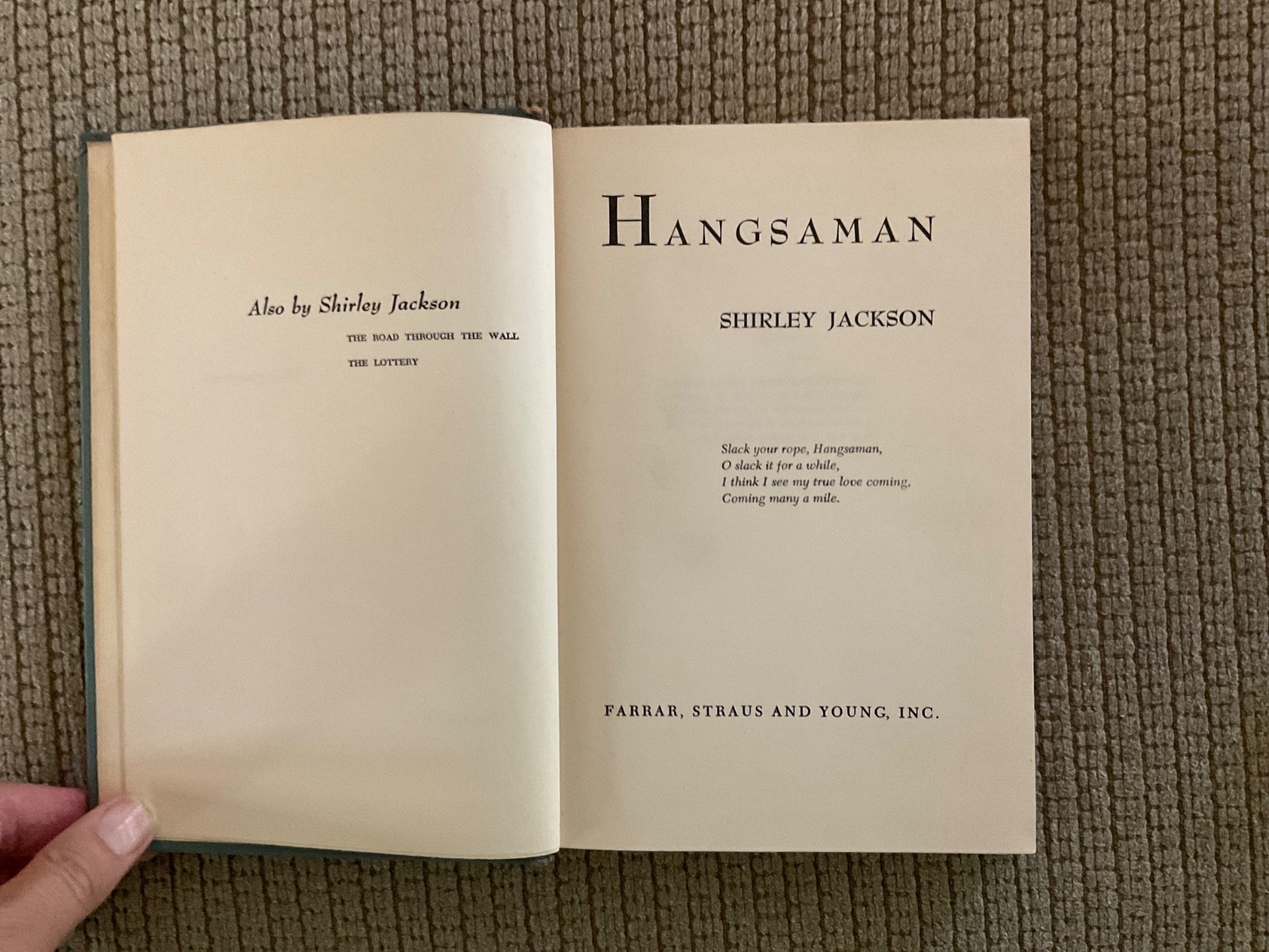Shirley Jackson – Hangsaman, 1951, 1st Edition. Farrar, Straus and Young Inc. HC