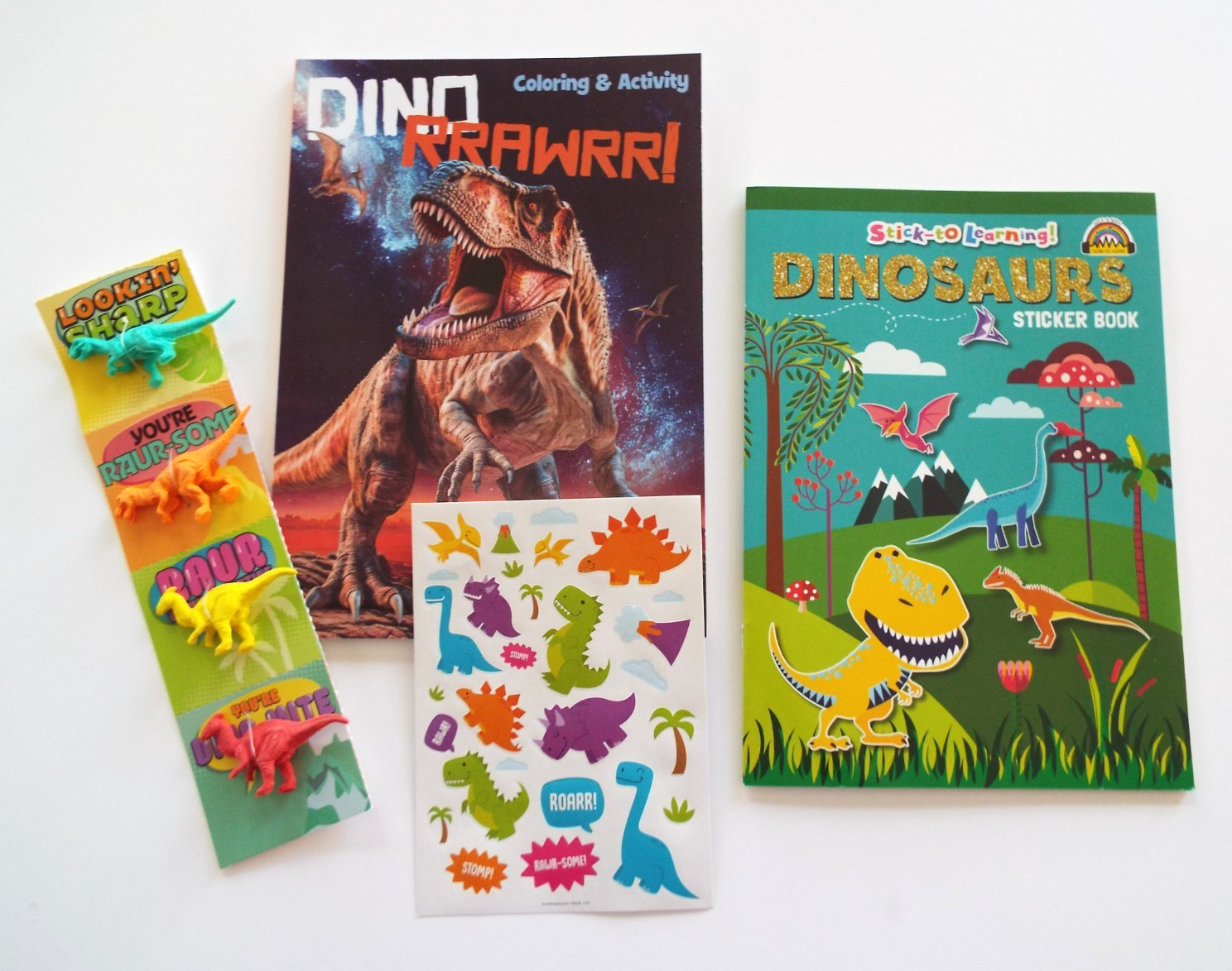 Dinosaurs! 2 coloring & activity books, stickers, & plastic dino cards: 4 items!