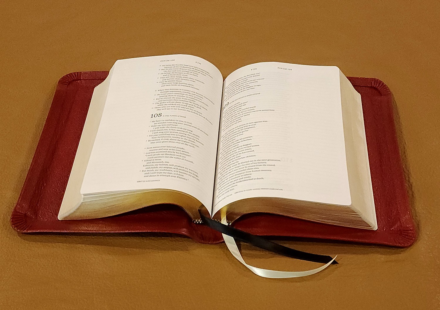 Interleaved Bible, Dark Red Pebbled Goatskin Leather, Dark Red Liner, 2 Ribbons