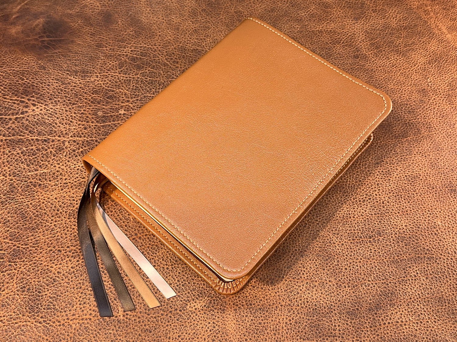 Interleaved Bible, Pebbled British Tan Goatskin Leather, Cognac Liner, 4 Ribbons