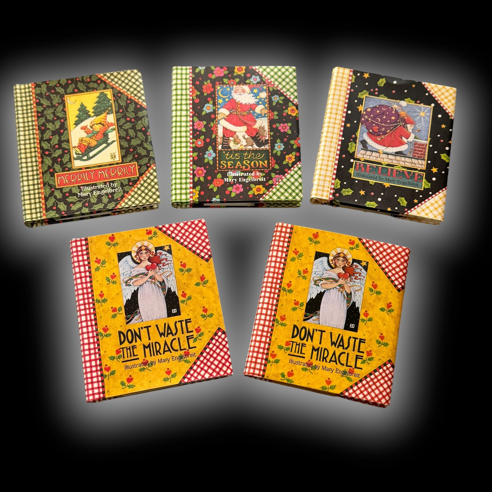 5x MARY ENGELBREIT * vintage Holiday Christmas Mini Book 4”X 3.25″ HC/DJ EUC