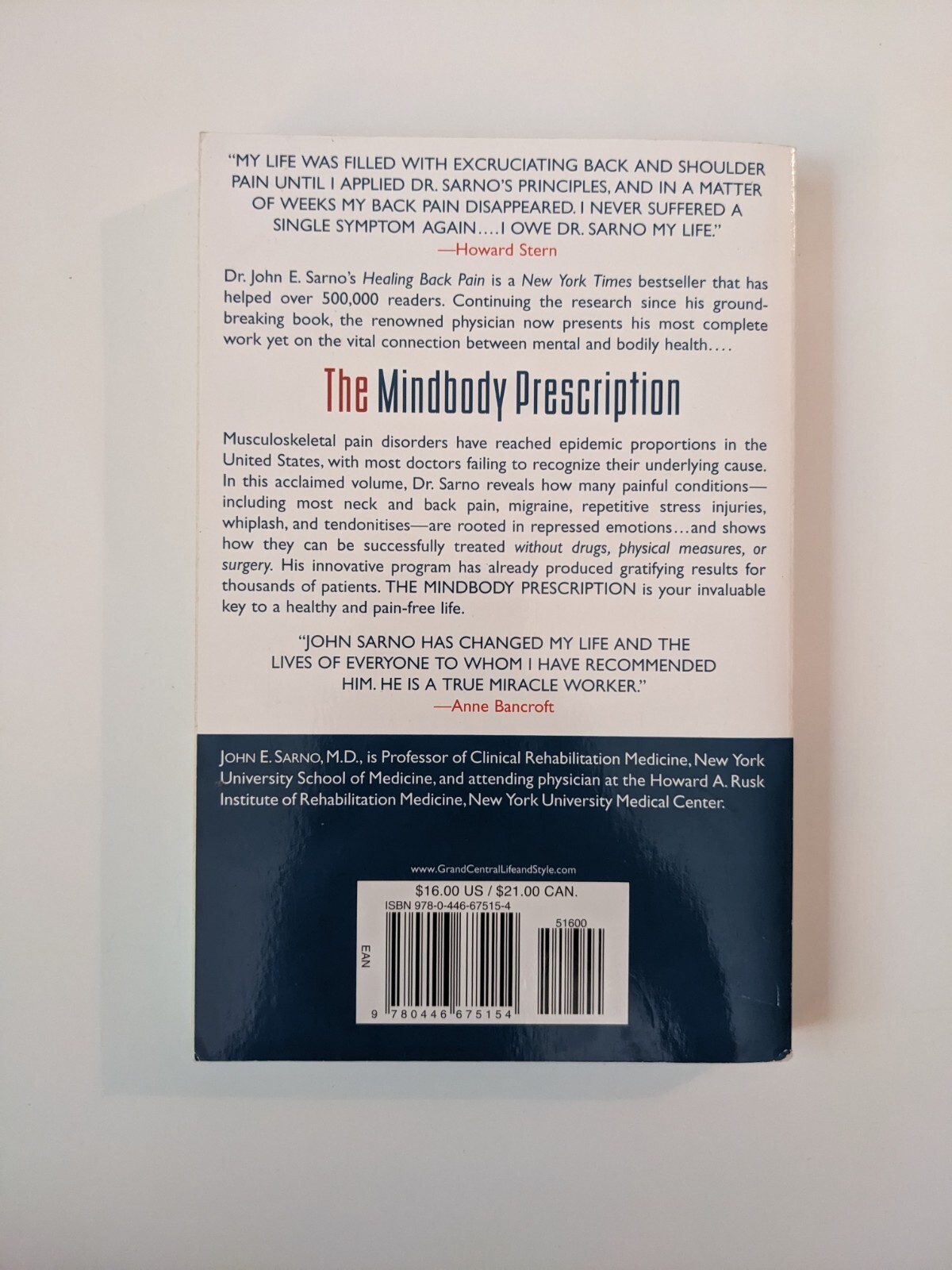 The Mindbody Prescription: Healing the Body, Healing the Pain by Sarno, John E.