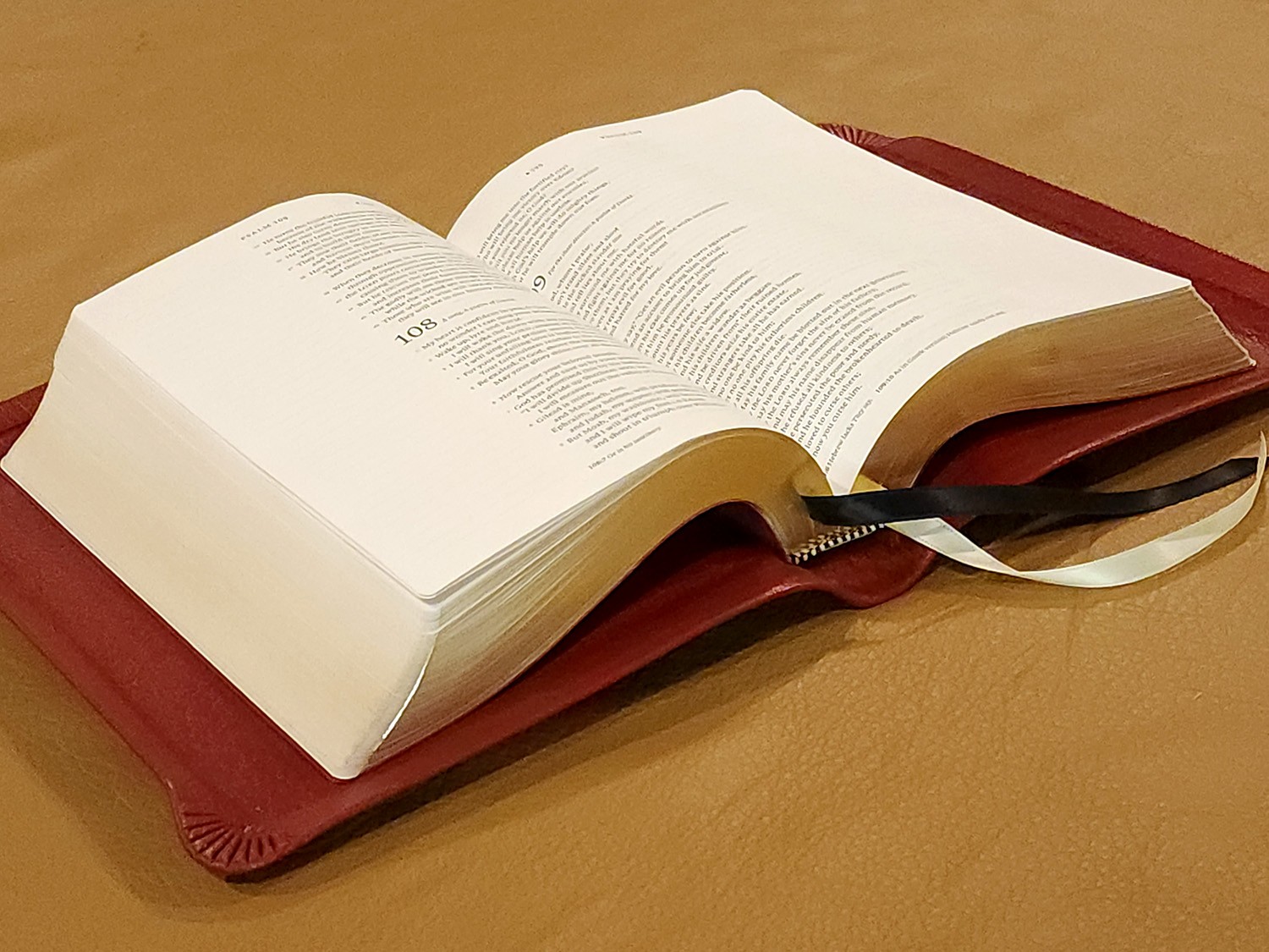 Interleaved Bible, Dark Red Pebbled Goatskin Leather, Dark Red Liner, 2 Ribbons