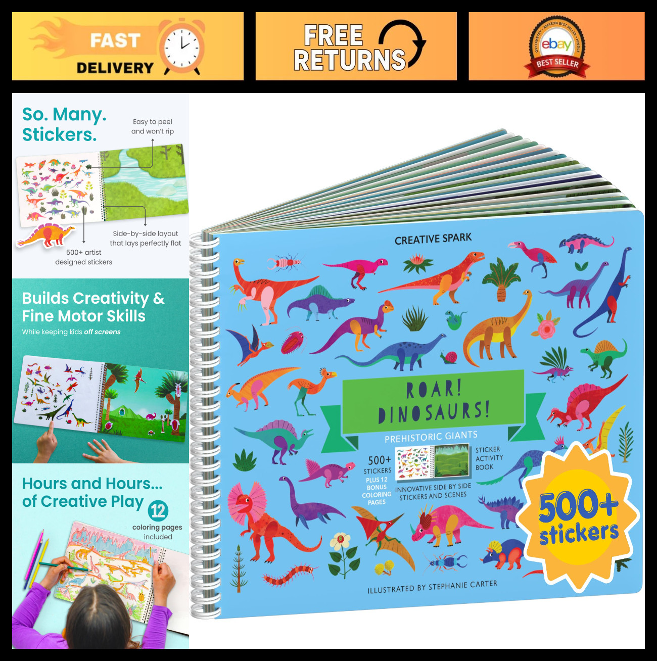 Dinosaur Sticker Book for Kids – 500+ Dino Stickers, 12 Scenes & Coloring Pages,