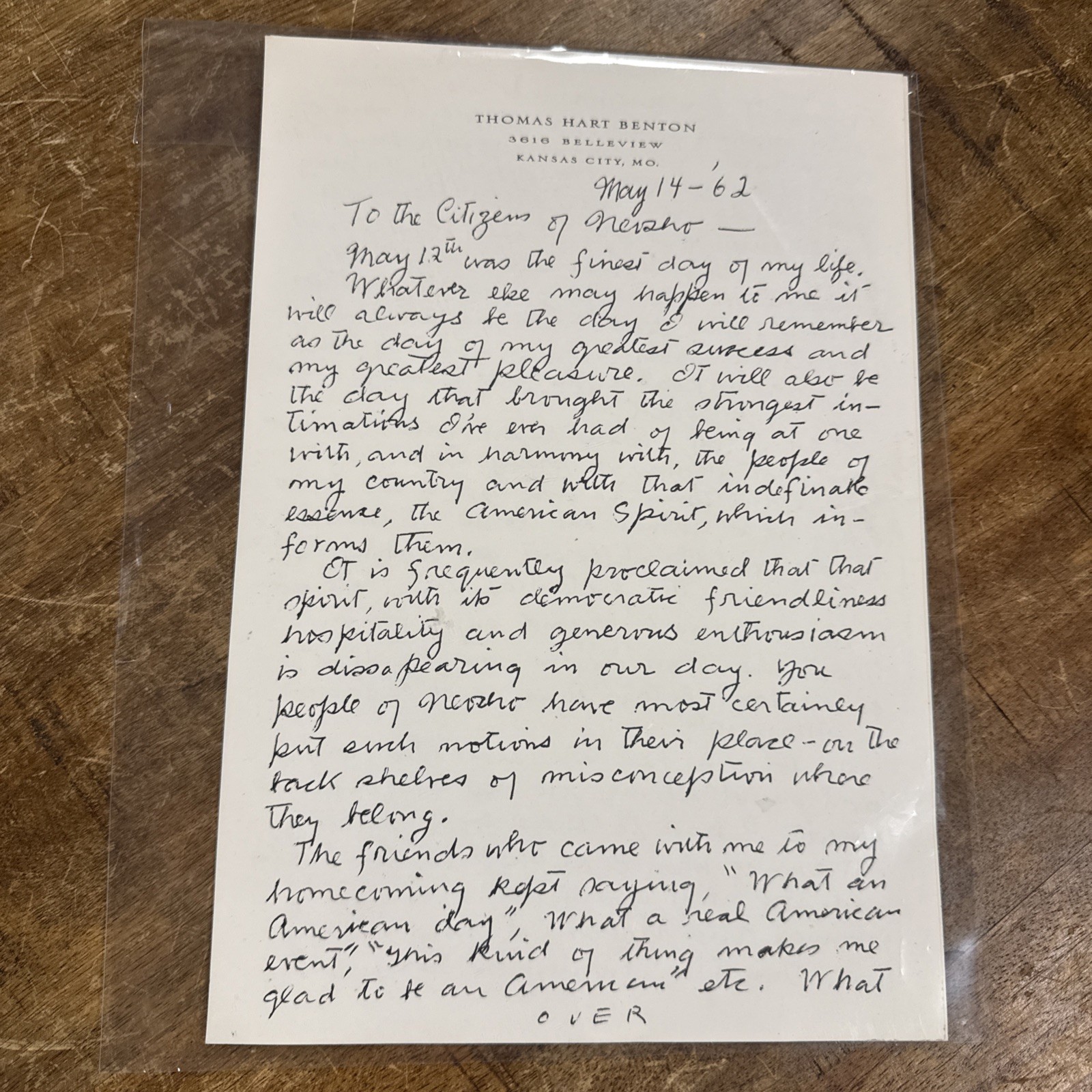 Thomas Hart Benton 1962 Letter To The Citizens Of Neosho