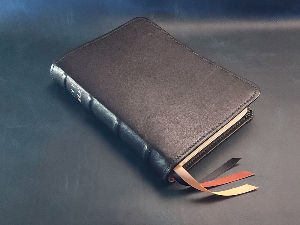 Every Man’s Bible, Pebbled Black Goatskin Leather, Cowhide Liner, 3 Ribbons