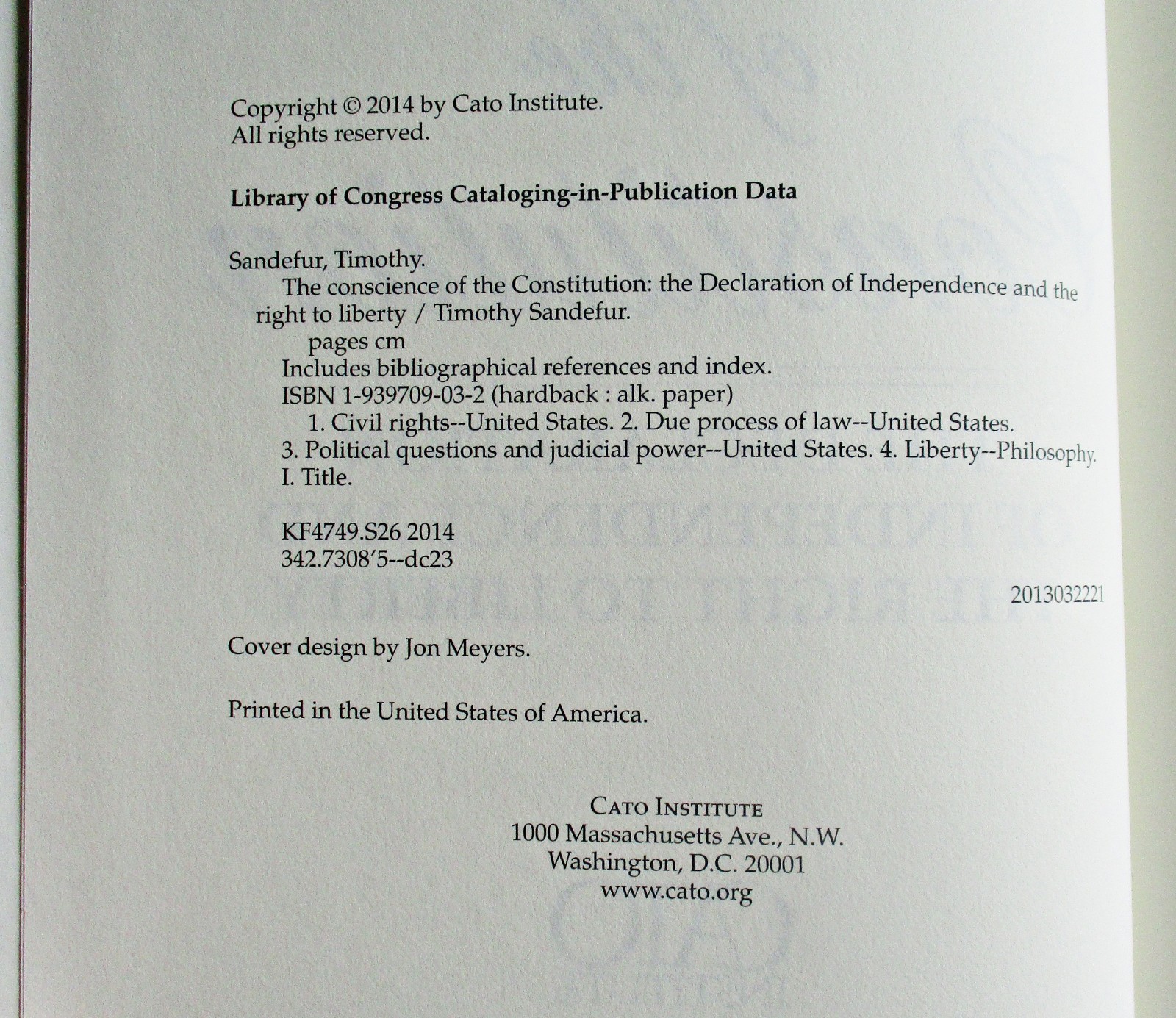 Conscience of the Constitution by Timothy Sandefur HC DJ 2014 Cato Institute
