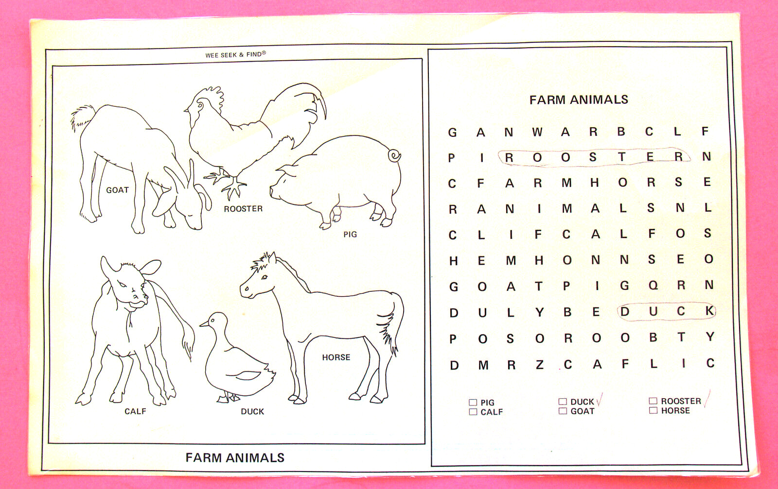 WORD SEARCH KIDS—24 WIPE-OFF LARGE—17 x 11 IN.—ANIMALS, FOOD, TOYS—LAMINATED