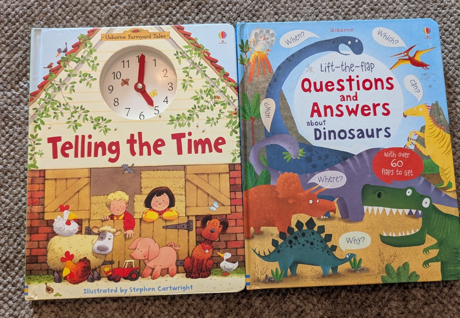 Two Usborne Telling the Time & Lift the Flap Questions & Answers About Dinosaurs