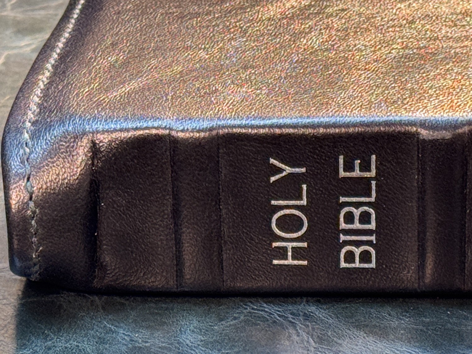 Every Man’s Bible, Pebbled Black Goatskin Leather, Blue Cowhide Liner, 3 Ribbons