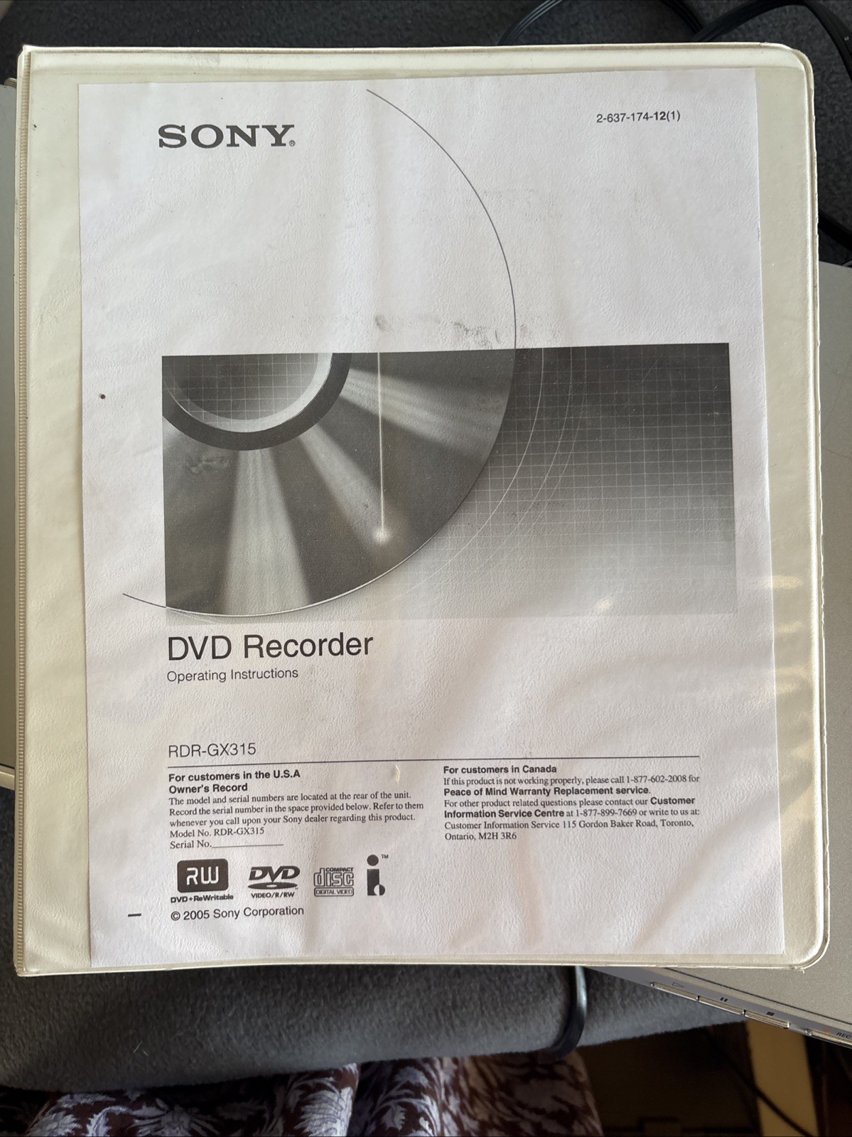 Sony RDR-GX315 DVD Recorder Owner’s Manual IN 3 RING BINDER