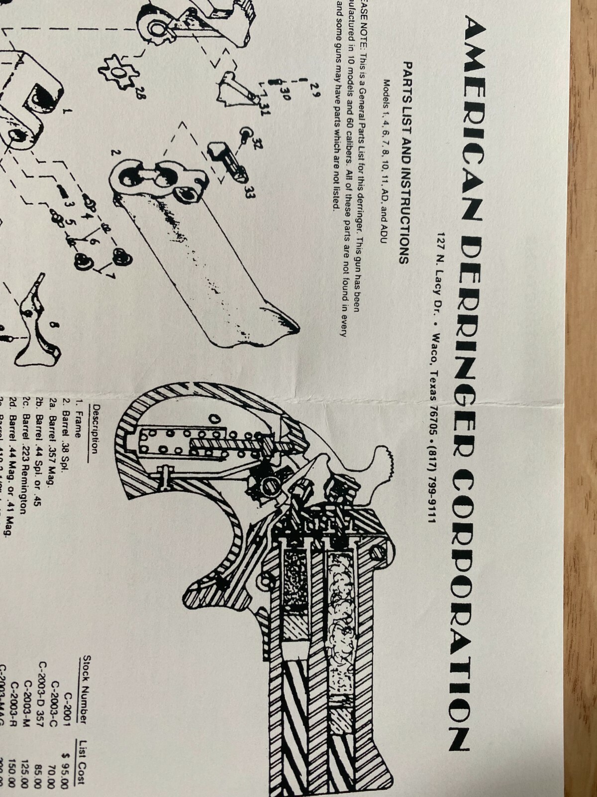 AMERICAN DERRINGER CORPORATION MODELS 1, 4, 6, 7, 8, 10, 11, OWNERS MANUAL
