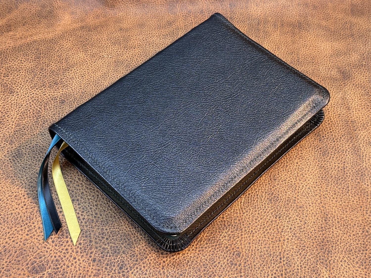 ESV Study Bible, Pebbled Black Goatskin Leather, Blue Cowhide Liner, 3 Ribbons
