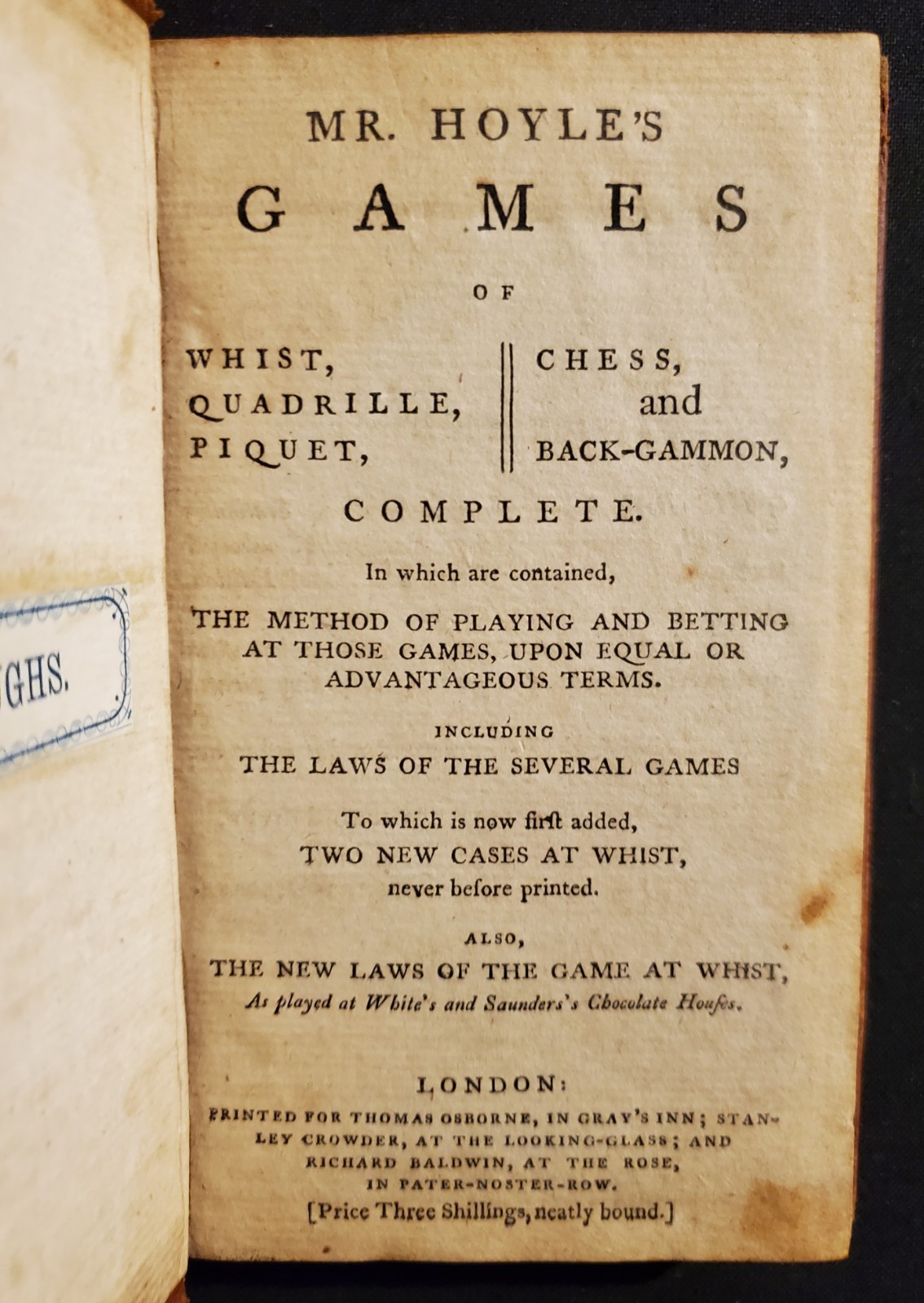 1700’s RARE BOOK Mr. Hoyle’s Games of Whist, Quadrille, Piquet Chess Back-Gammon