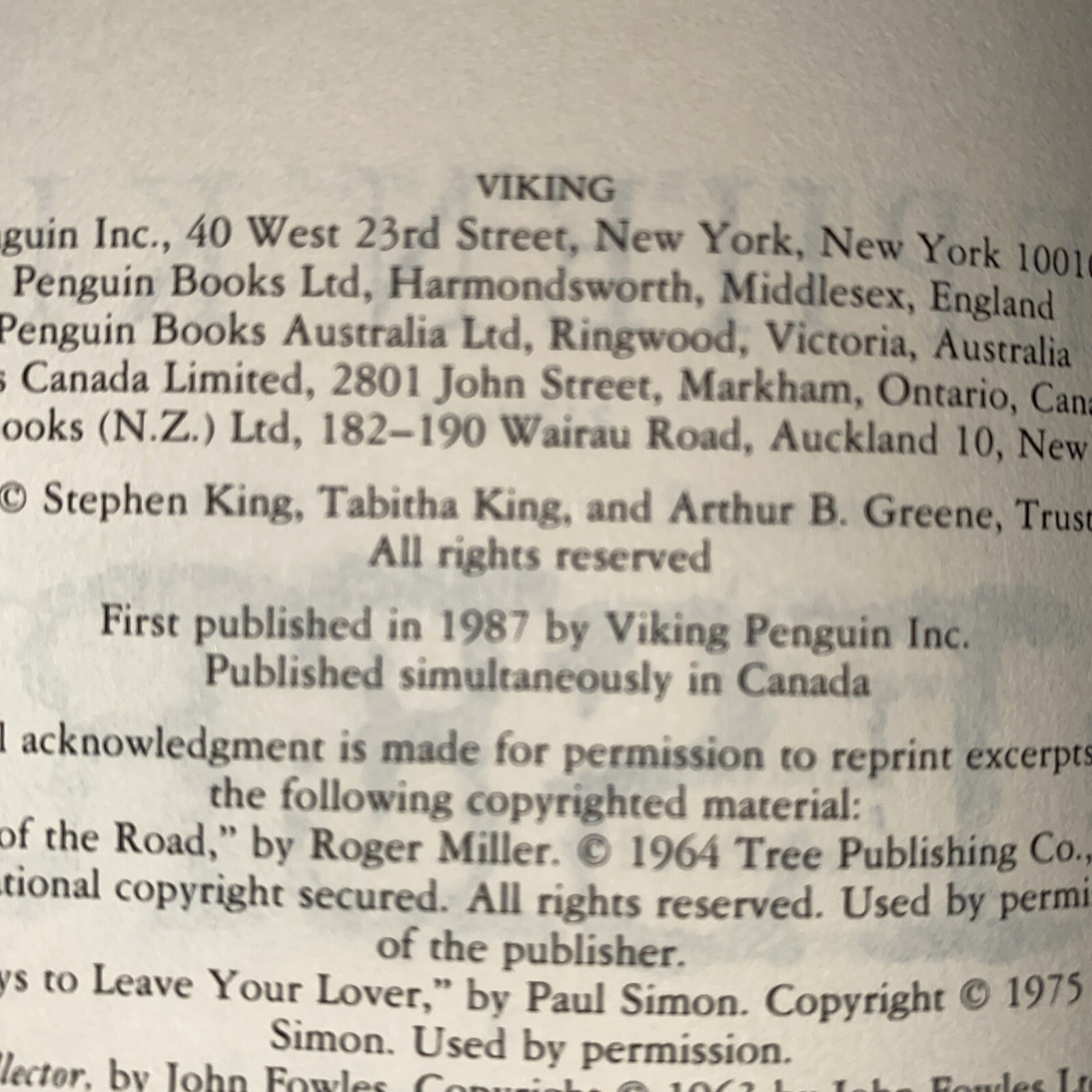 Misery Stephen King- 1987 HCDJ VG Gutter Code RD12V- Viking Penguin Inc