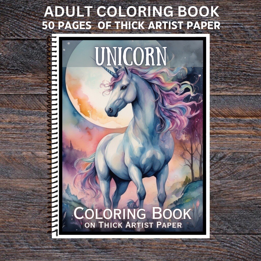 Unicorns – Spiral Bound Adult Coloring Book – Thick Artist Paper – 50 pages