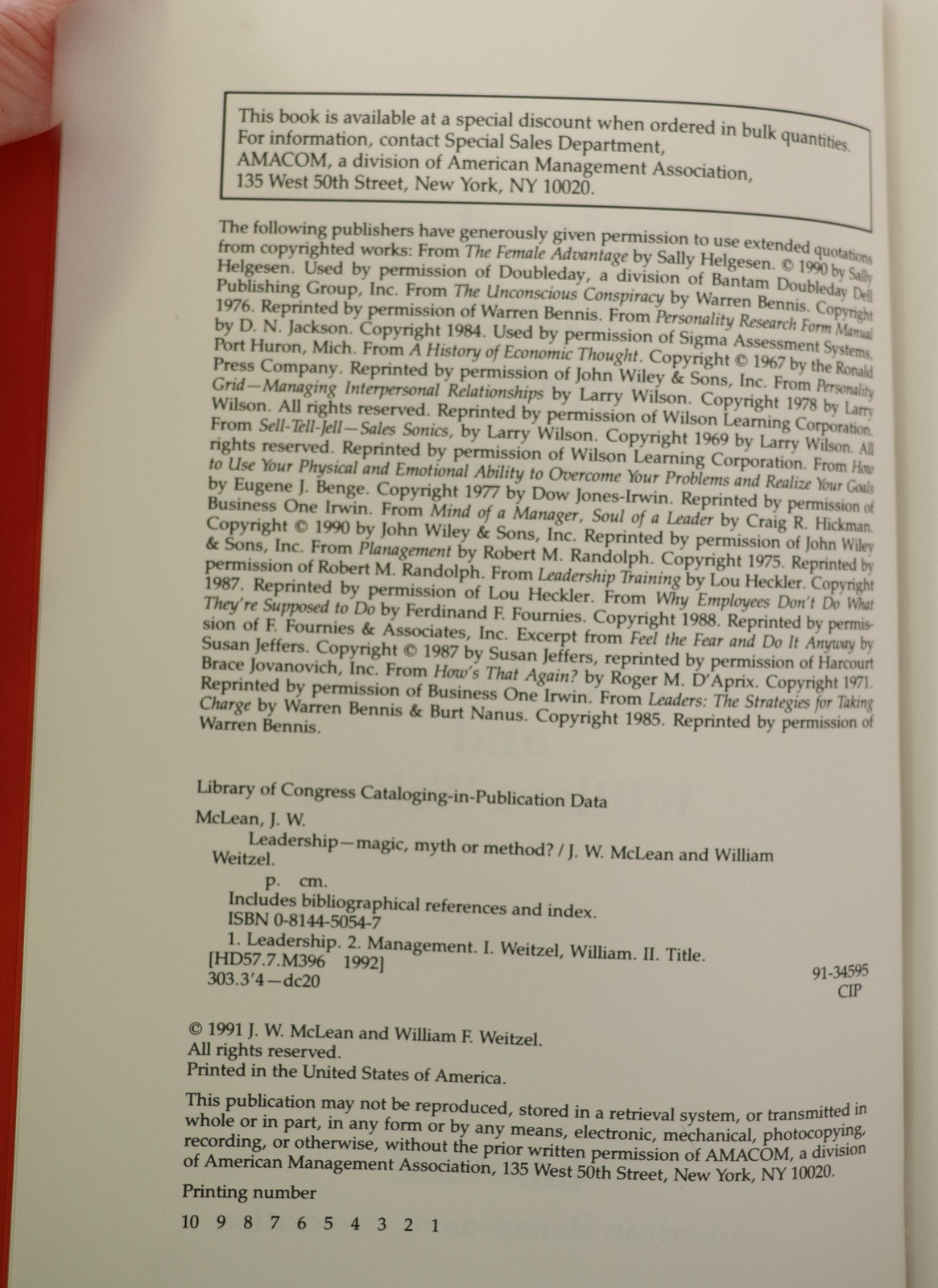 Leadership—Magic, Myth, Or Method? McLean Weitzel Amacom HC Business Mgmt 1991